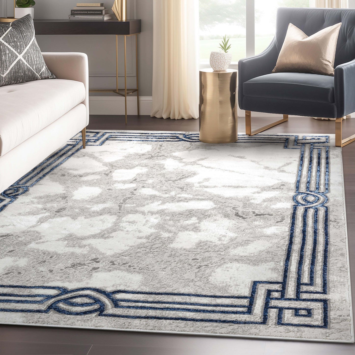 Huntington Retro Marble Border Blue Glam Rug FRM-74