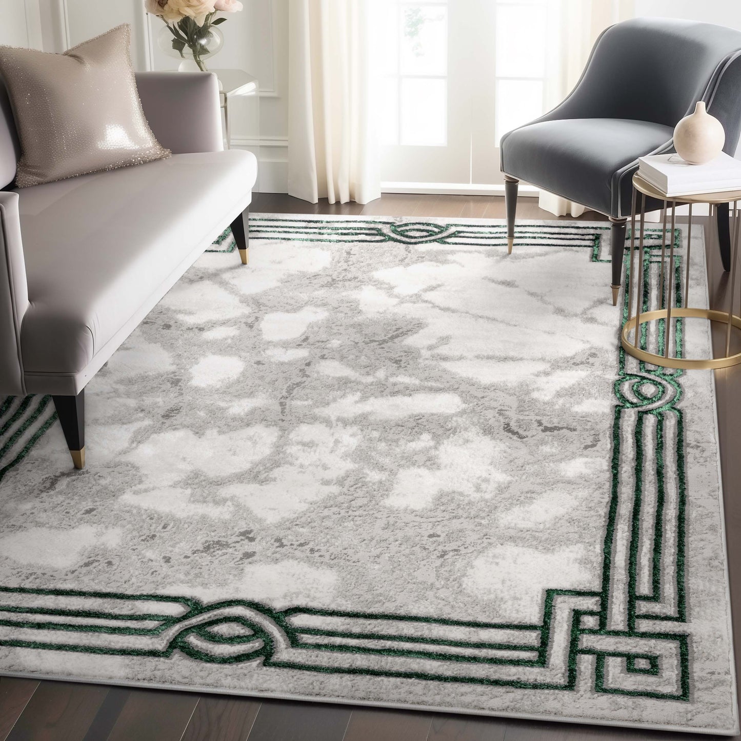 Huntington Retro Marble Border Green Glam Rug FRM-75