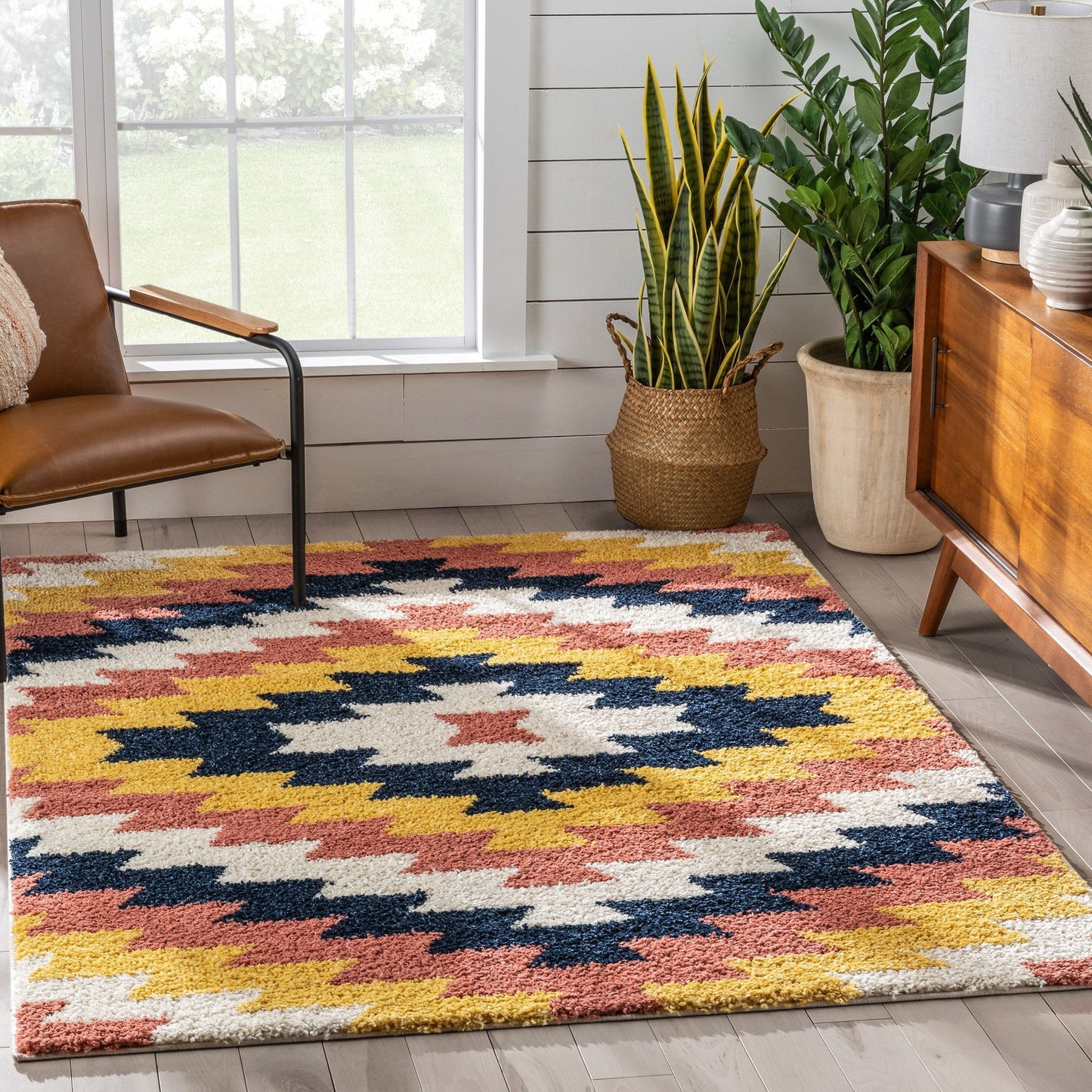Titan Southwestern Tribal Ivory Blue Thick Shag Rug GIG-102