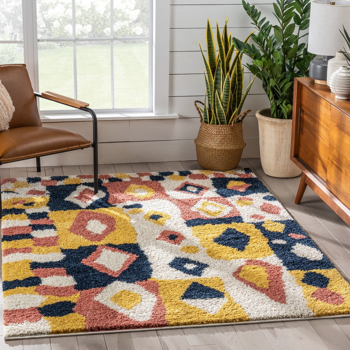 Kix Moroccan Ethnic Diamond Pattern Ivory Blue Thick Shag Rug GIG-112