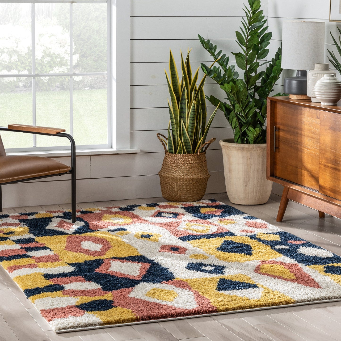 Kix Moroccan Ethnic Diamond Pattern Ivory Blue Thick Shag Rug GIG-112
