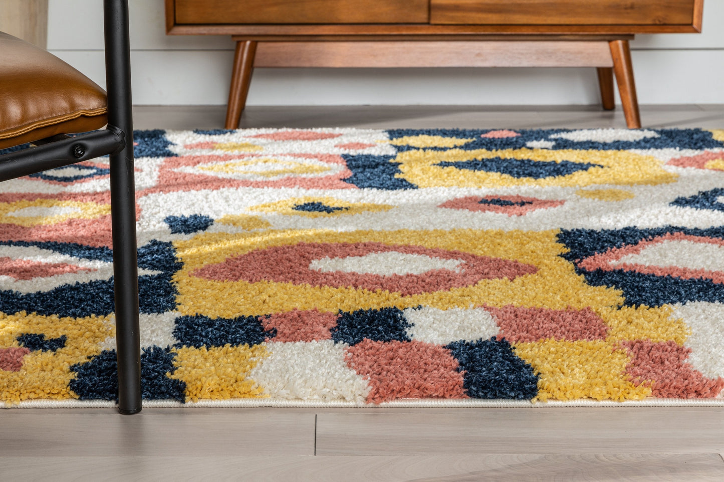 Kix Moroccan Ethnic Diamond Pattern Ivory Blue Thick Shag Rug GIG-112