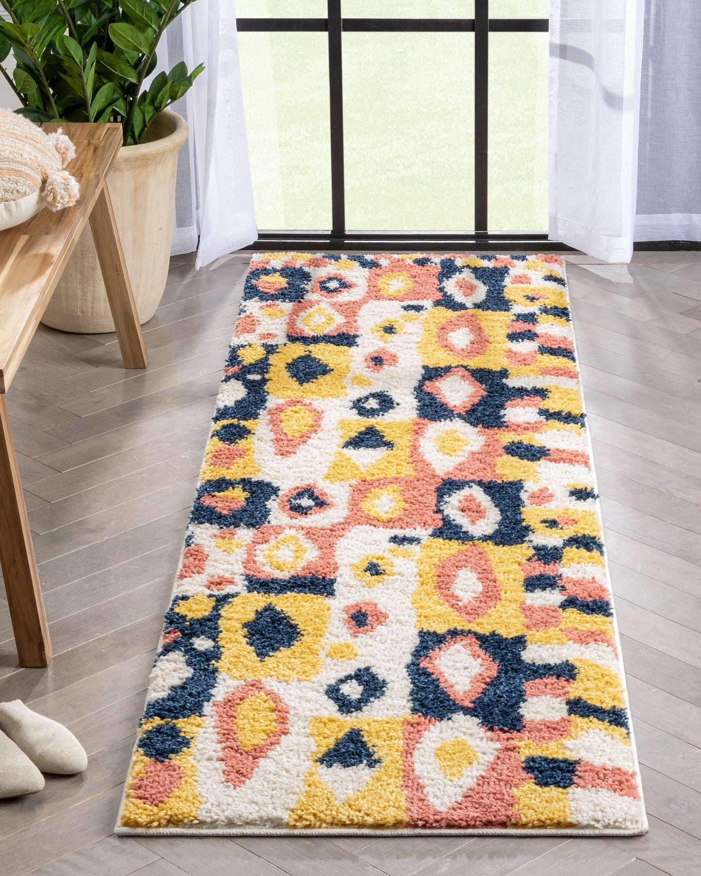 Kix Moroccan Ethnic Diamond Pattern Ivory Blue Thick Shag Rug GIG-112