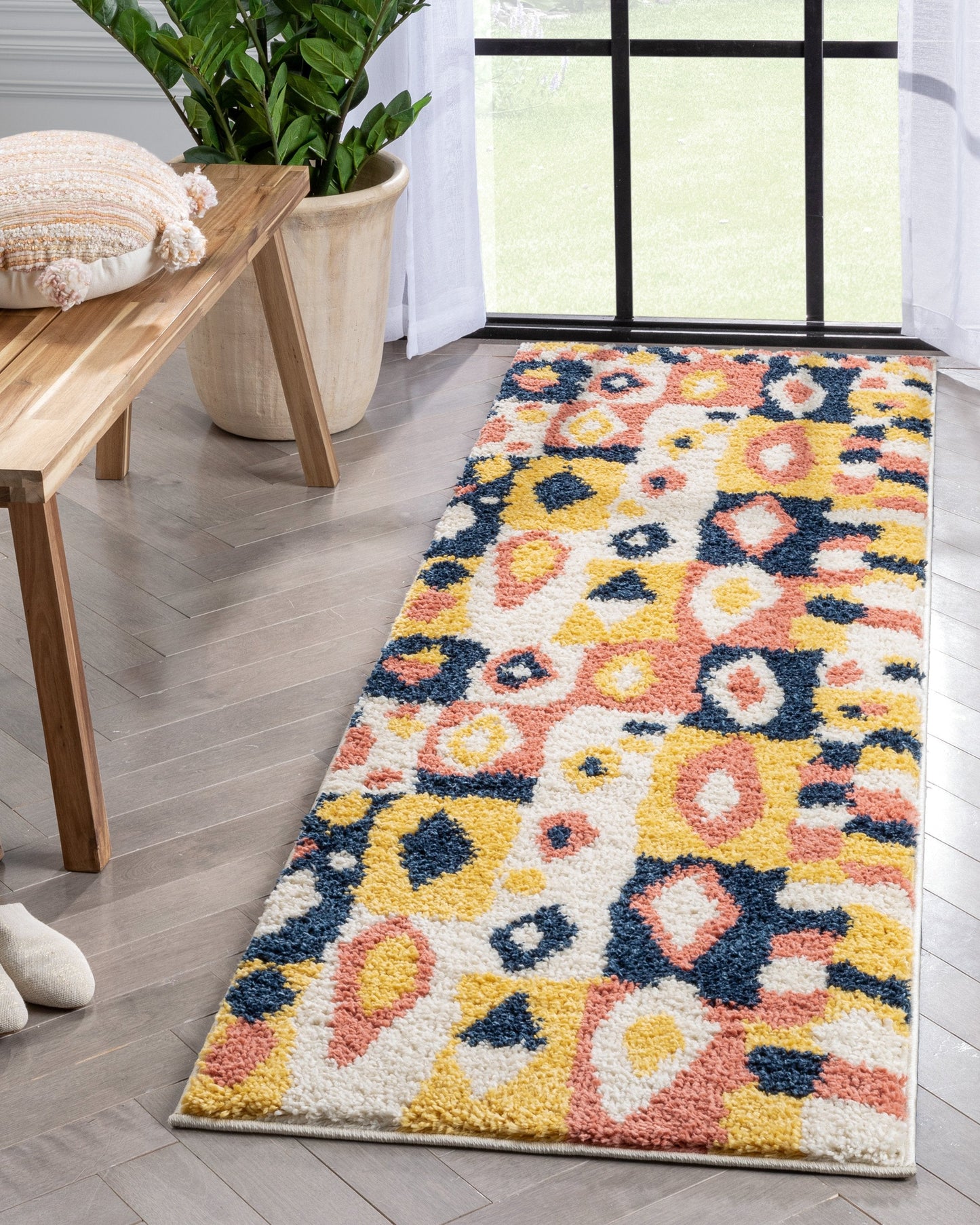 Kix Moroccan Ethnic Diamond Pattern Ivory Blue Thick Shag Rug GIG-112