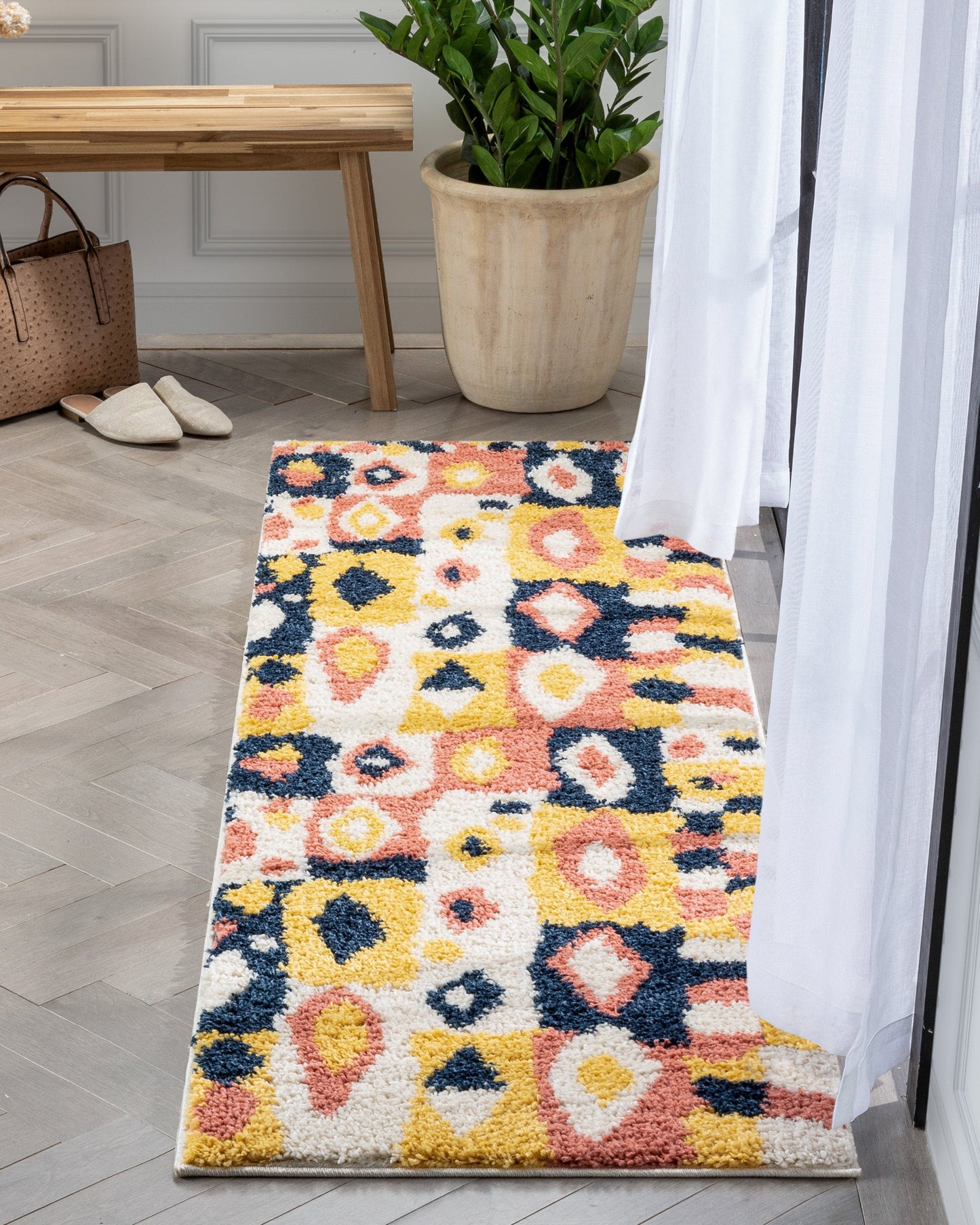 Kix Moroccan Ethnic Diamond Pattern Ivory Blue Thick Shag Rug GIG-112