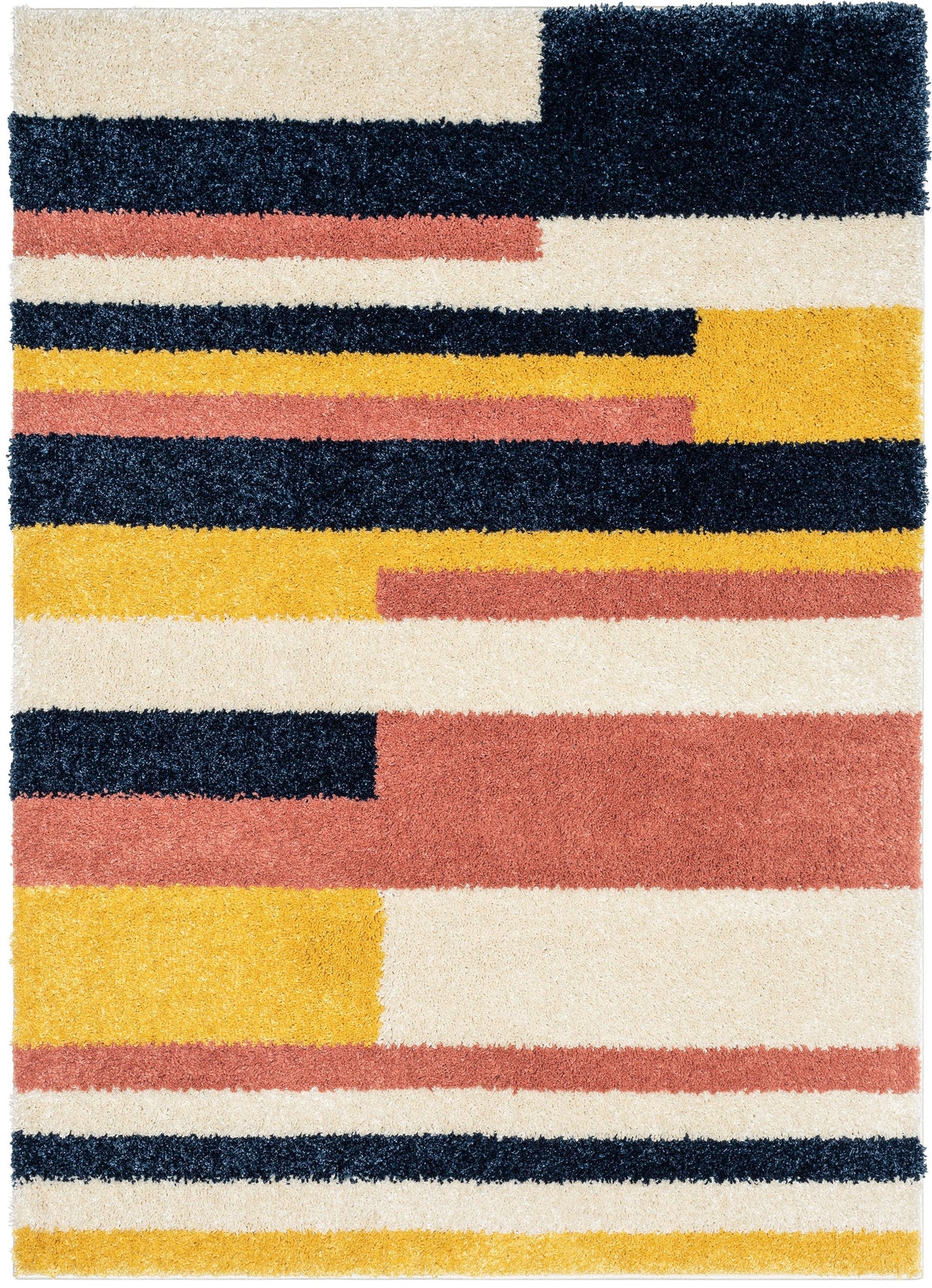 Katniss Mid-Century Modern Geometric Ivory Blue Thick Shag Rug GIG-122