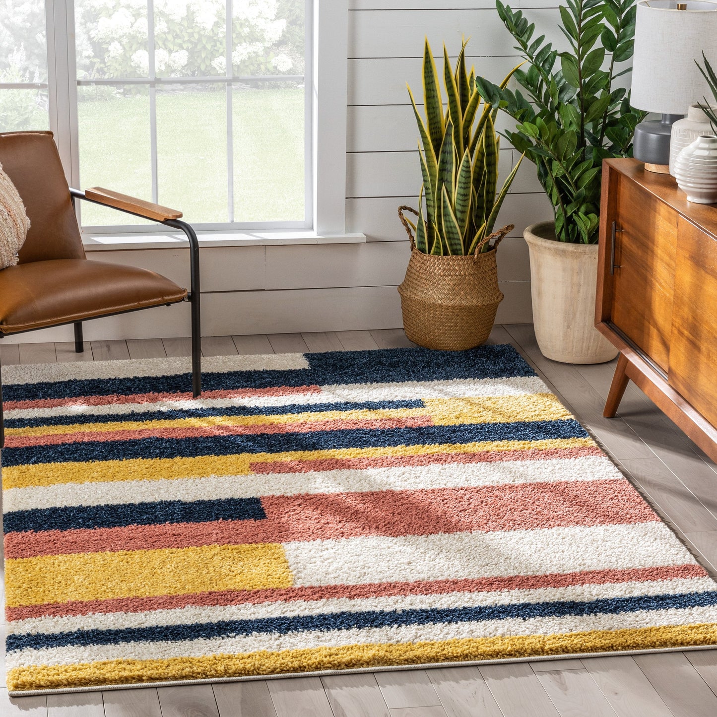 Katniss Mid-Century Modern Geometric Ivory Blue Thick Shag Rug GIG-122