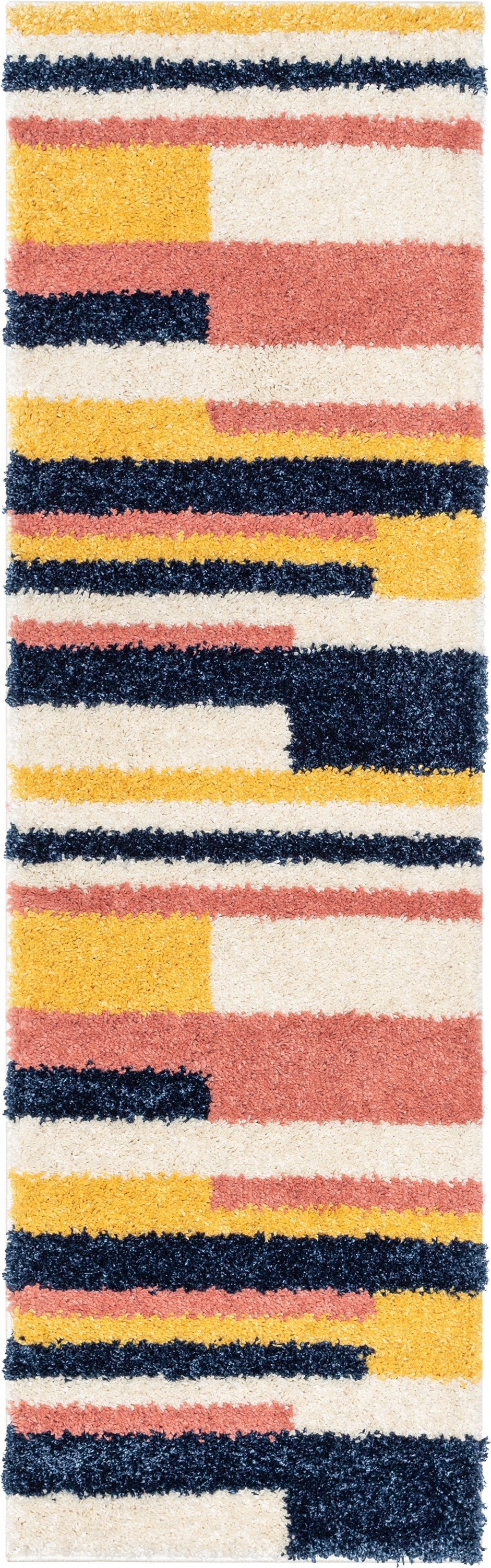 Katniss Mid-Century Modern Geometric Ivory Blue Thick Shag Rug GIG-122
