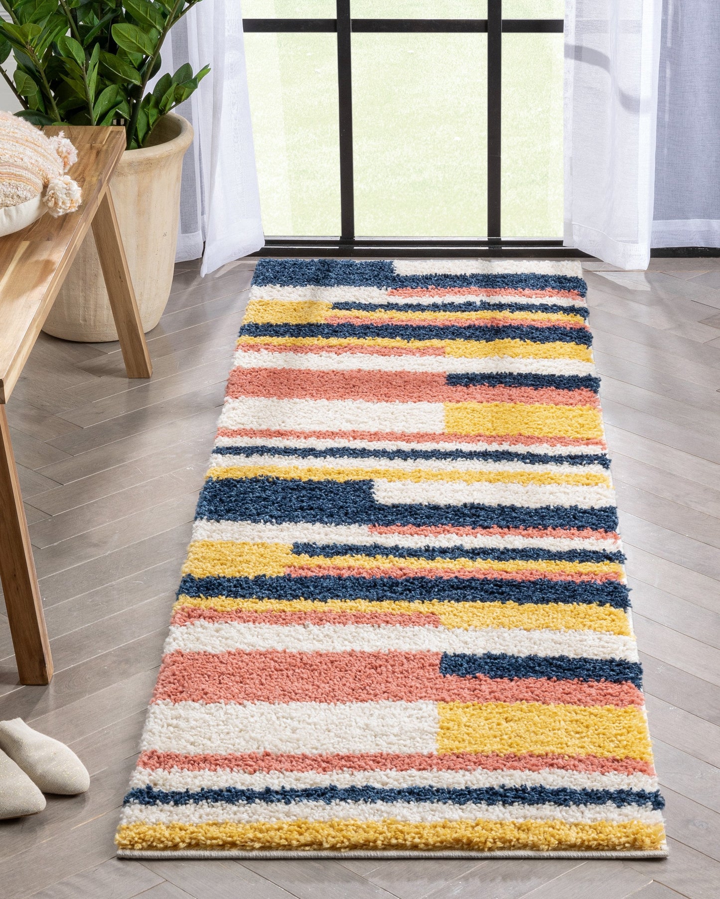 Katniss Mid-Century Modern Geometric Ivory Blue Thick Shag Rug GIG-122