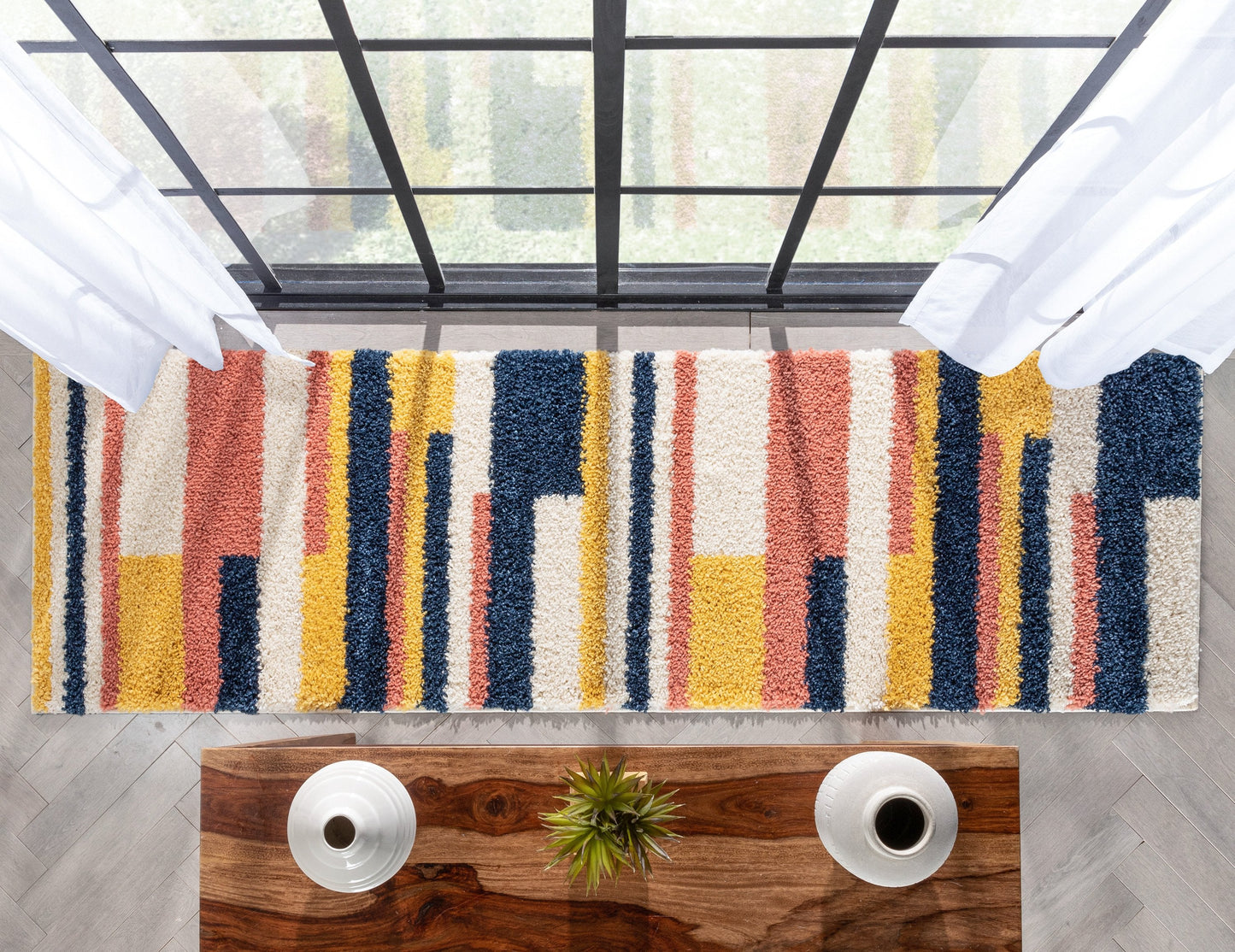 Katniss Mid-Century Modern Geometric Ivory Blue Thick Shag Rug GIG-122