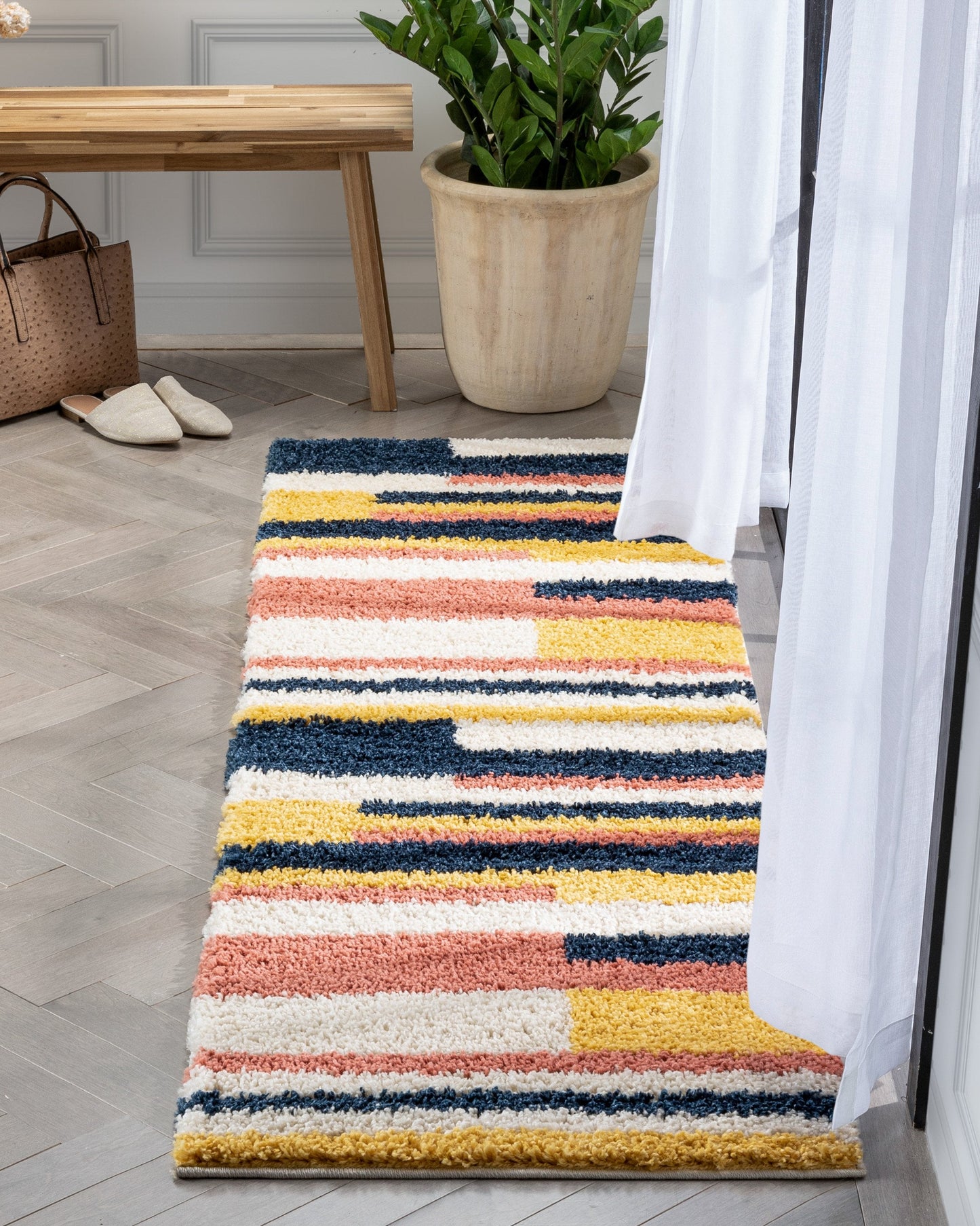 Katniss Mid-Century Modern Geometric Ivory Blue Thick Shag Rug GIG-122