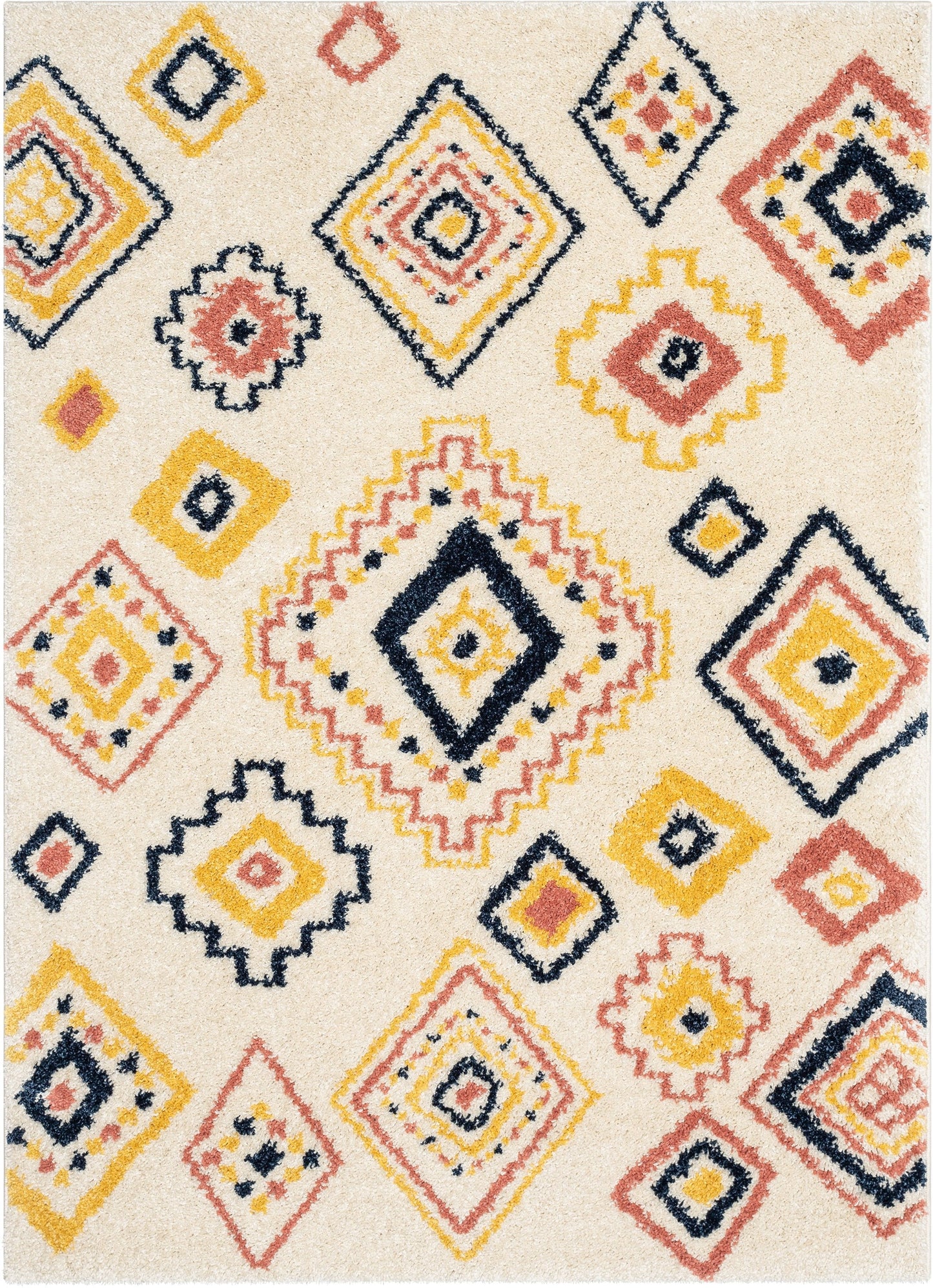 Blaer Moroccan Ethnic Diamond Pattern Ivory Thick Shag Rug GIG-132