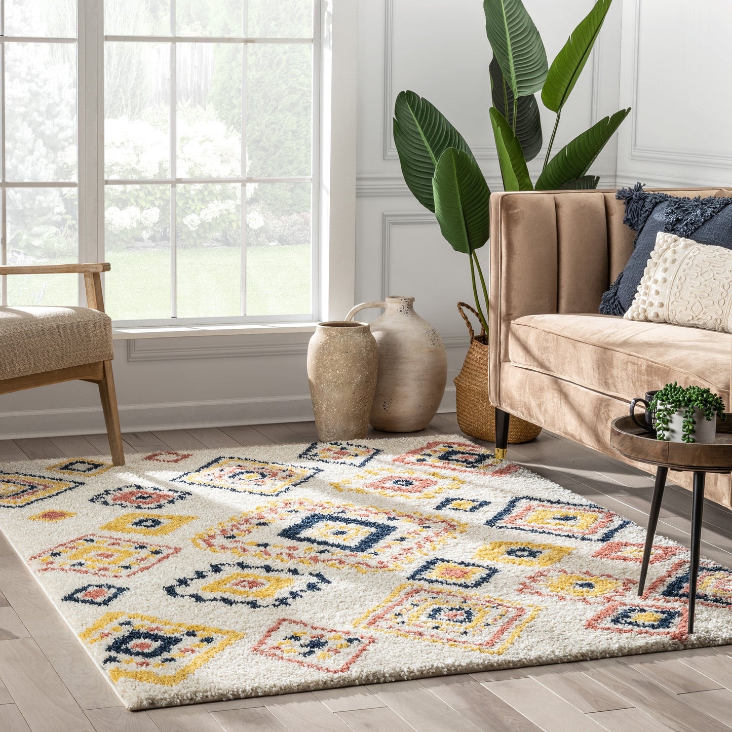 Blaer Moroccan Ethnic Diamond Pattern Ivory Thick Shag Rug GIG-132