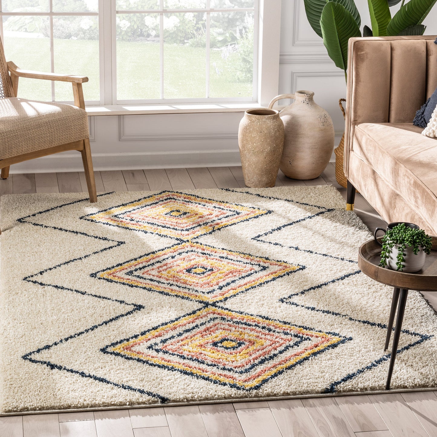 Crew Moroccan Tribal Diamond Pattern Ivory Thick Shag Rug GIG-32