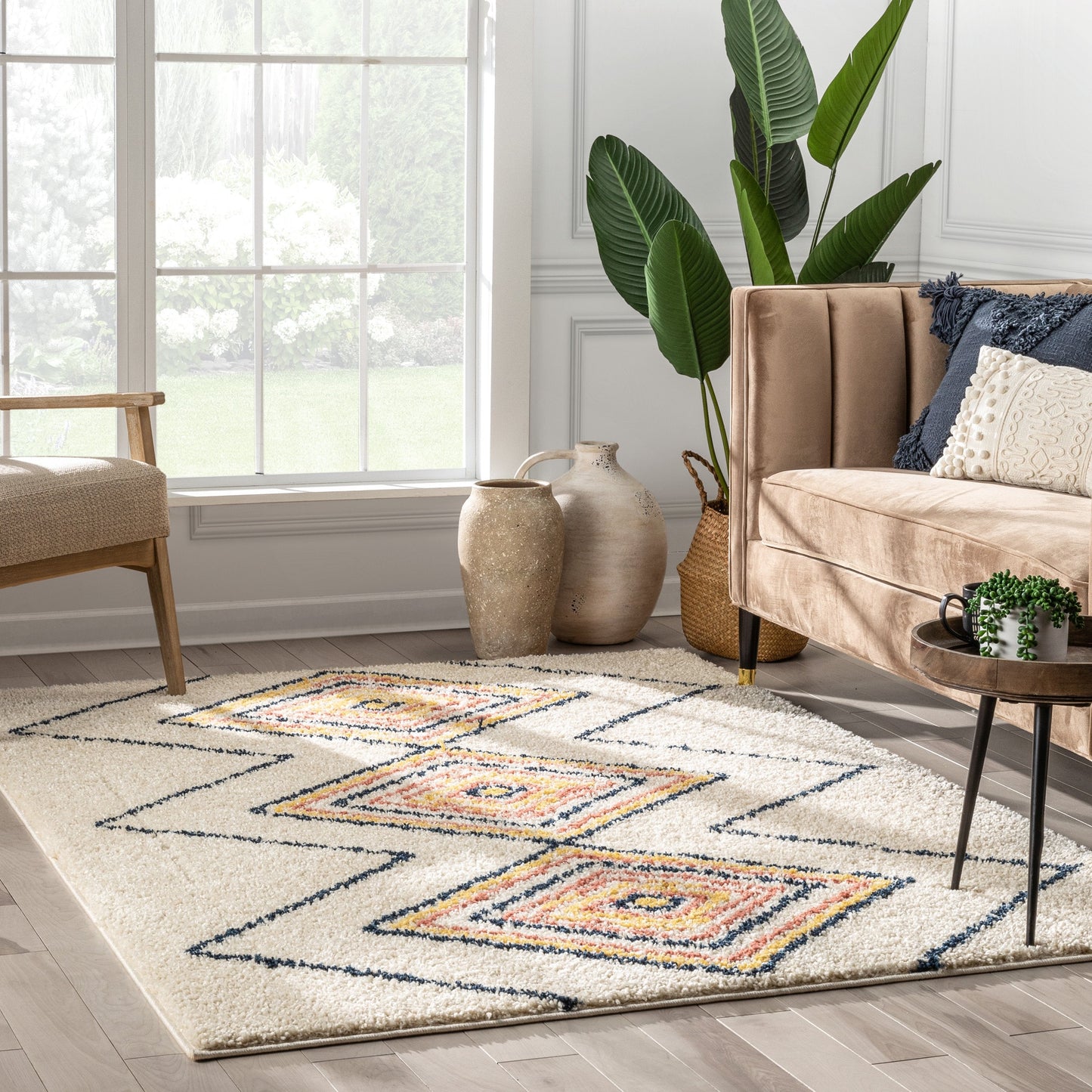 Crew Moroccan Tribal Diamond Pattern Ivory Thick Shag Rug GIG-32