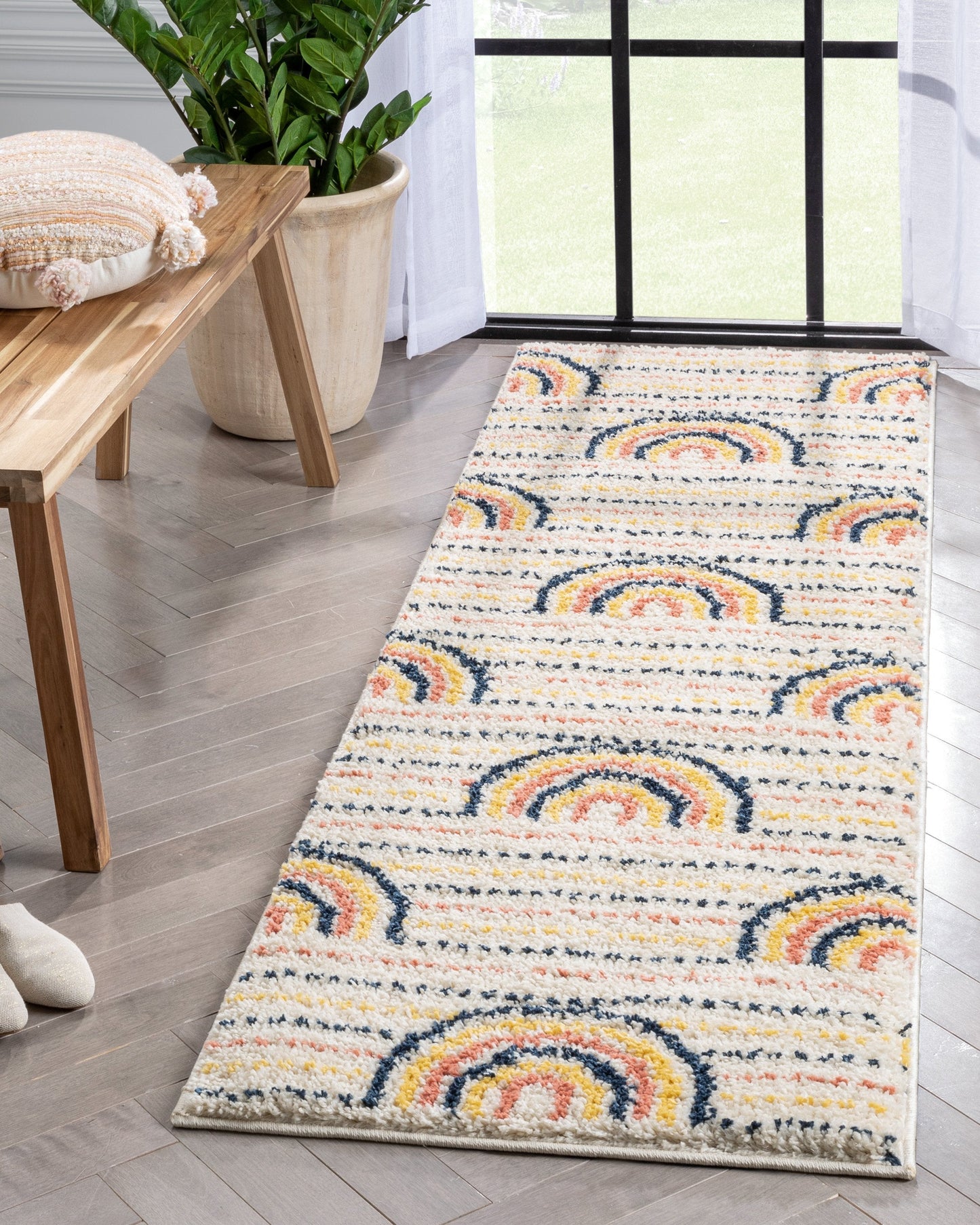 Rainbow Retro Geometric Pattern Ivory Thick Shag Rug GIG-42