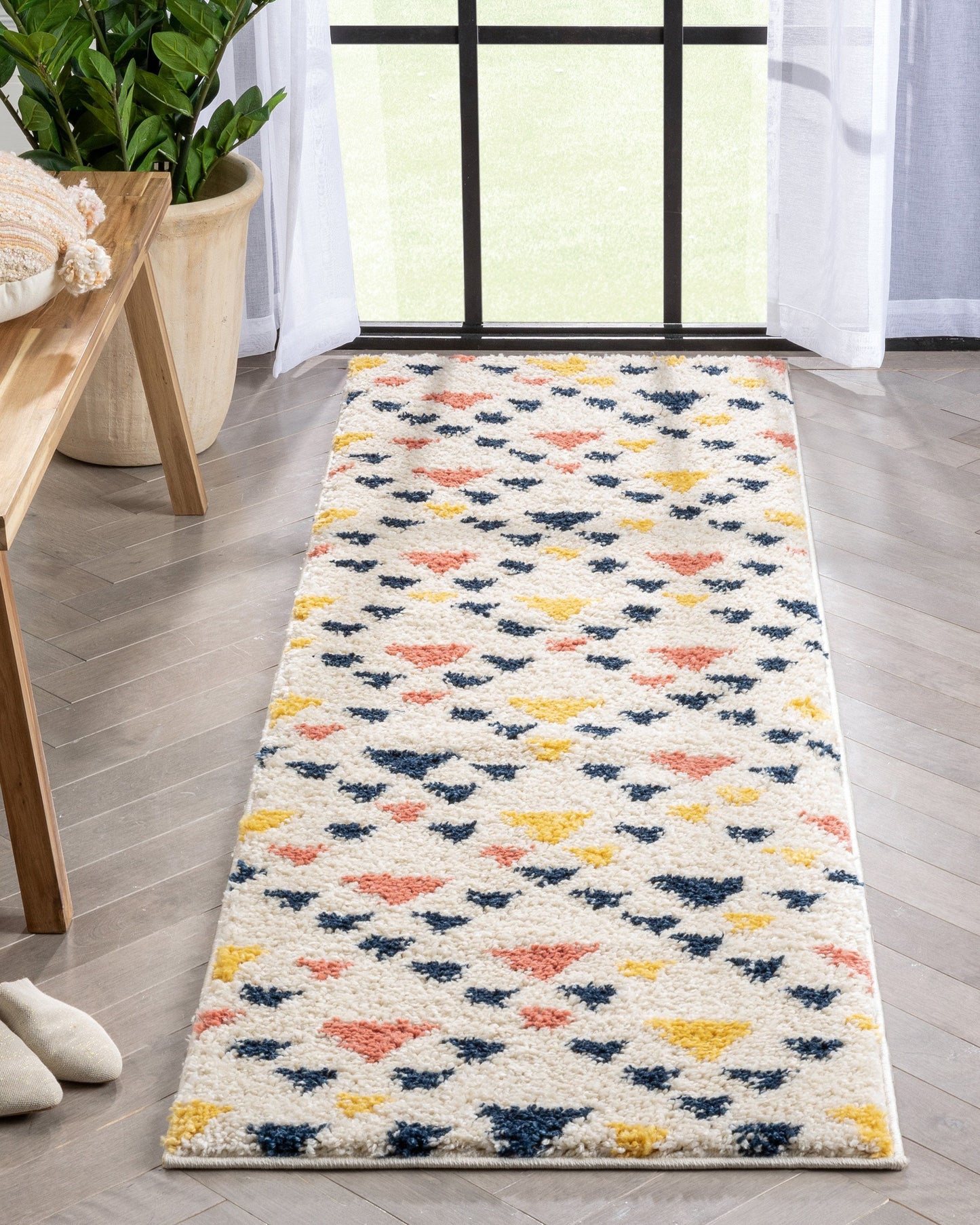Jax Retro Geometric Triangle Pattern Ivory Blue Thick Shag Rug GIG-62