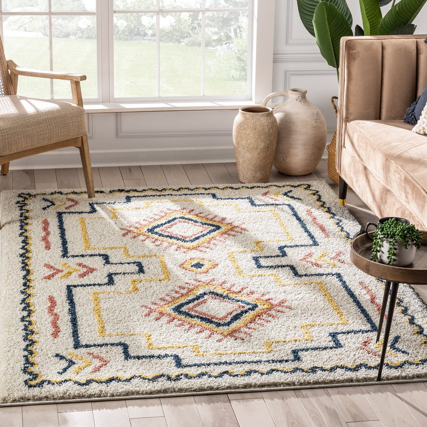 Audi Ethnic Medallion Pattern Ivory Thick Shag Rug GIG-72