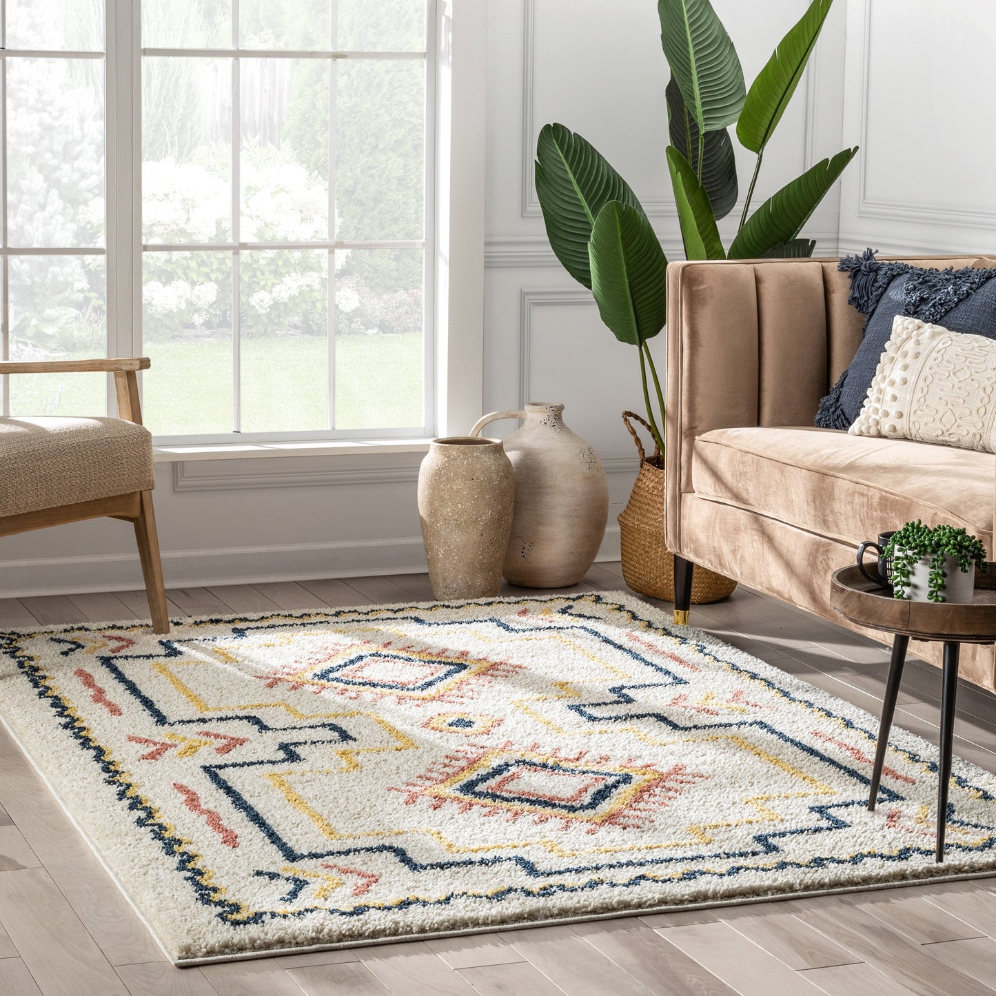 Audi Ethnic Medallion Pattern Ivory Thick Shag Rug GIG-72