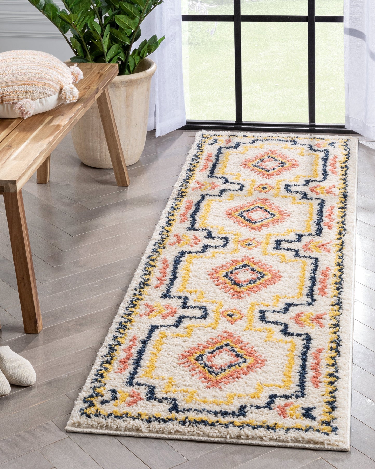 Audi Ethnic Medallion Pattern Ivory Thick Shag Rug GIG-72