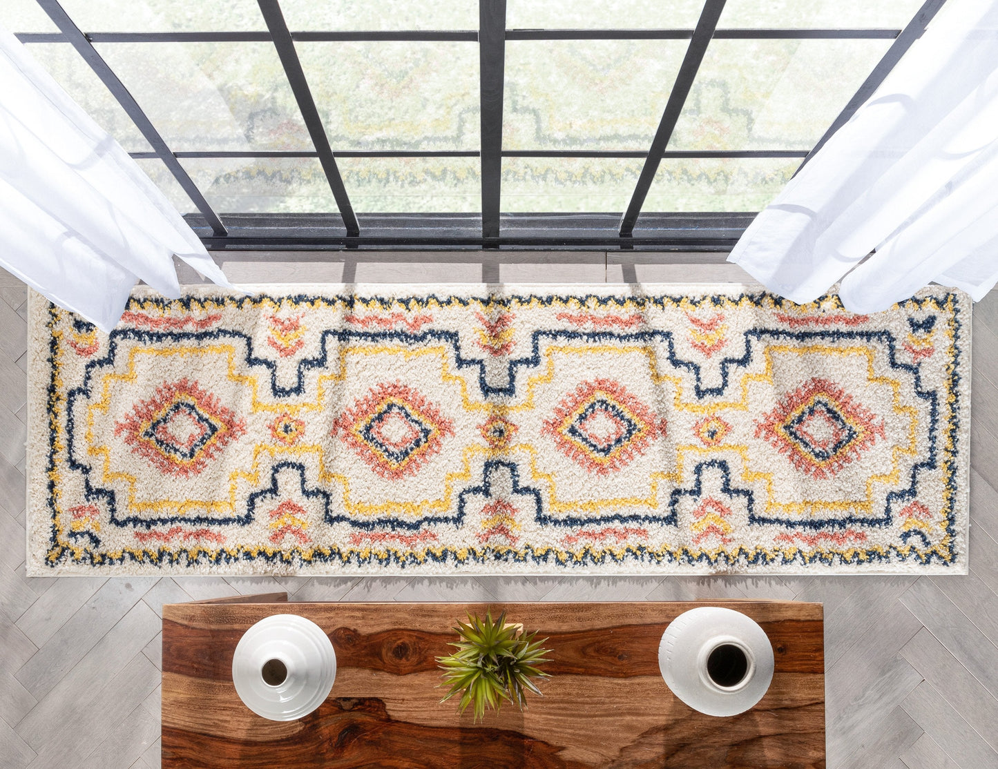 Audi Ethnic Medallion Pattern Ivory Thick Shag Rug GIG-72