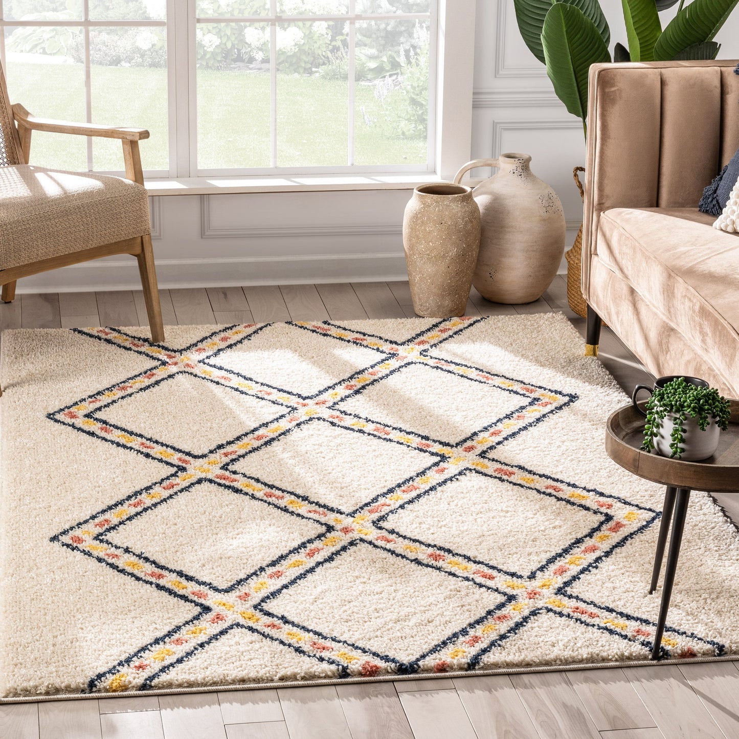 Bodhi Moroccan Tribal Diamond Pattern Ivory Thick Shag Rug GIG-92