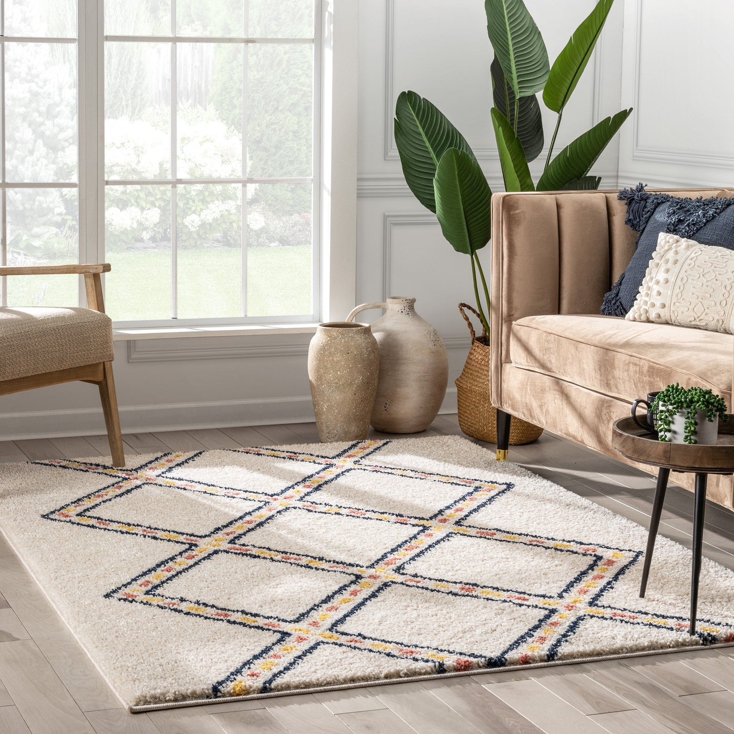 Bodhi Moroccan Tribal Diamond Pattern Ivory Thick Shag Rug GIG-92