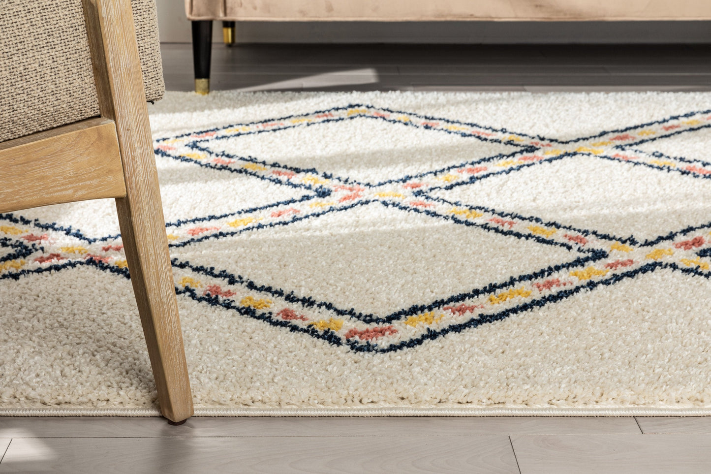 Bodhi Moroccan Tribal Diamond Pattern Ivory Thick Shag Rug GIG-92