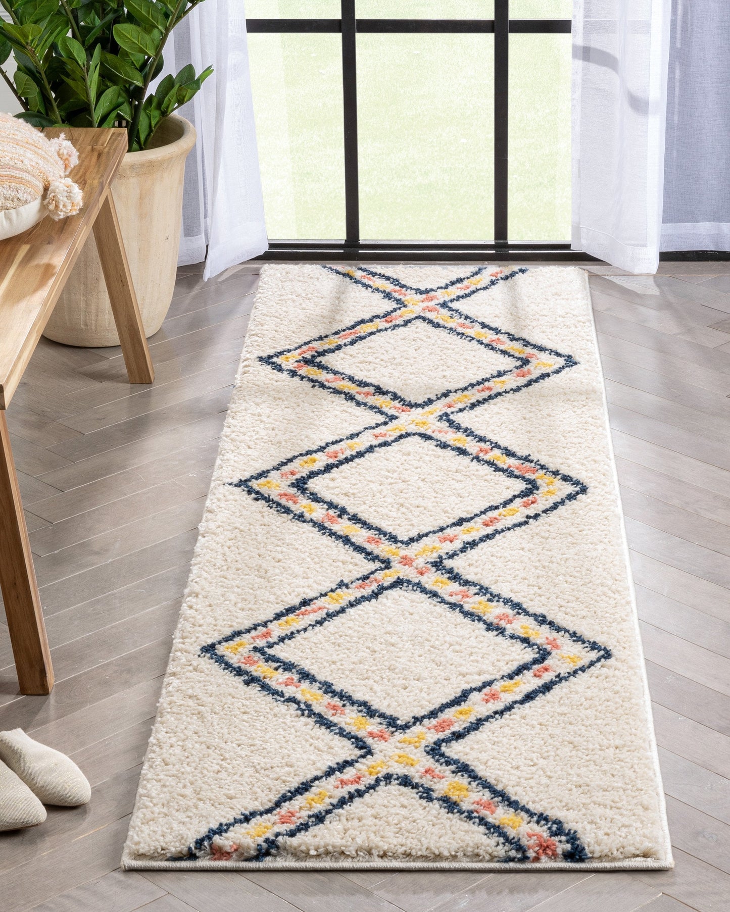 Bodhi Moroccan Tribal Diamond Pattern Ivory Thick Shag Rug GIG-92