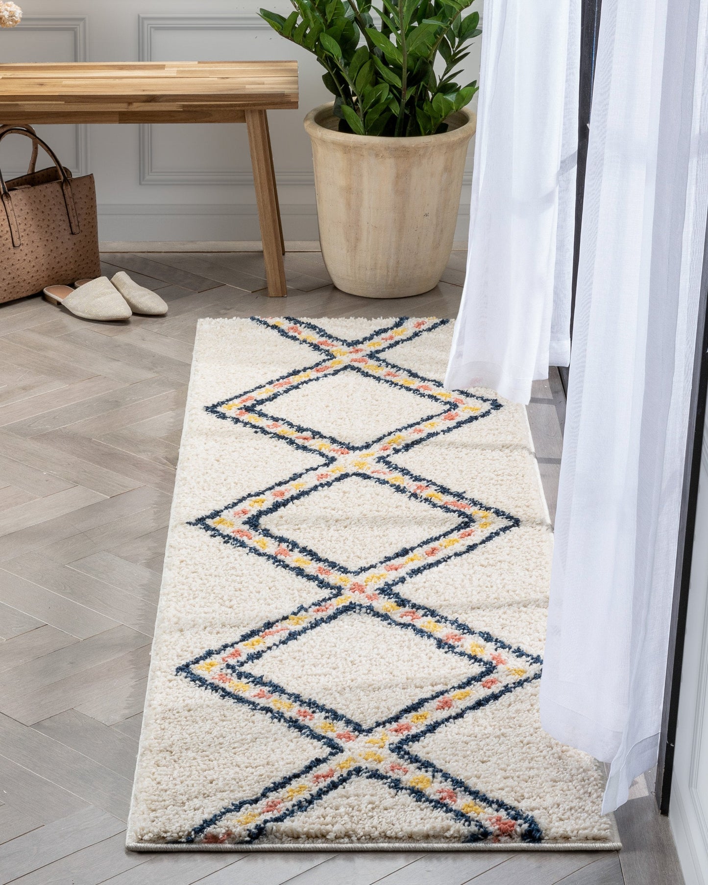 Bodhi Moroccan Tribal Diamond Pattern Ivory Thick Shag Rug GIG-92