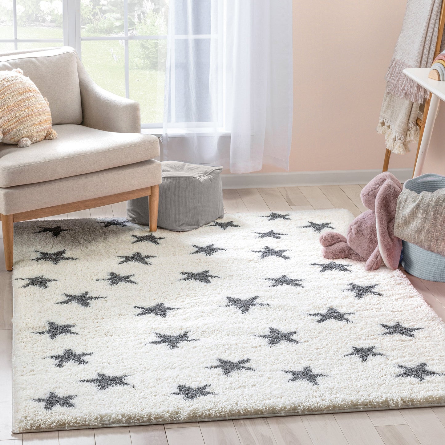 Celestial Skies Modern Stars Pattern Ivory Grey Thick & Ultra Soft Kids Rug HAV-12