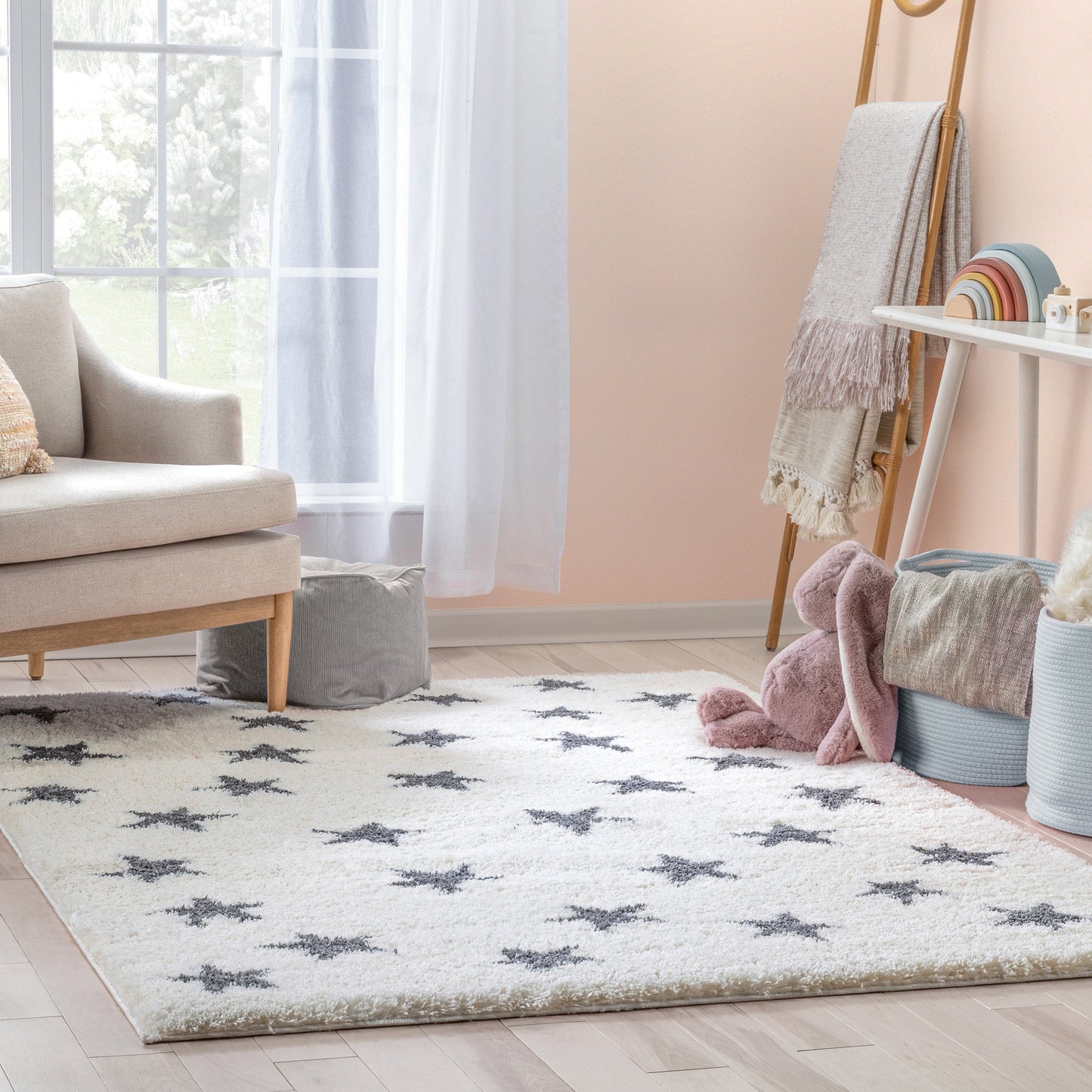 Celestial Skies Modern Stars Pattern Ivory Grey Thick & Ultra Soft Kids Rug HAV-12