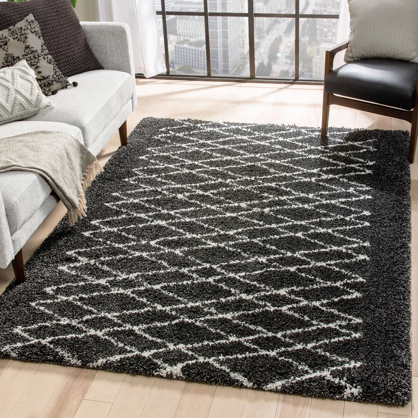 Soren Scandinavian Moroccan Lattice Dark Grey Thick Nordic Shag Rug JU-57