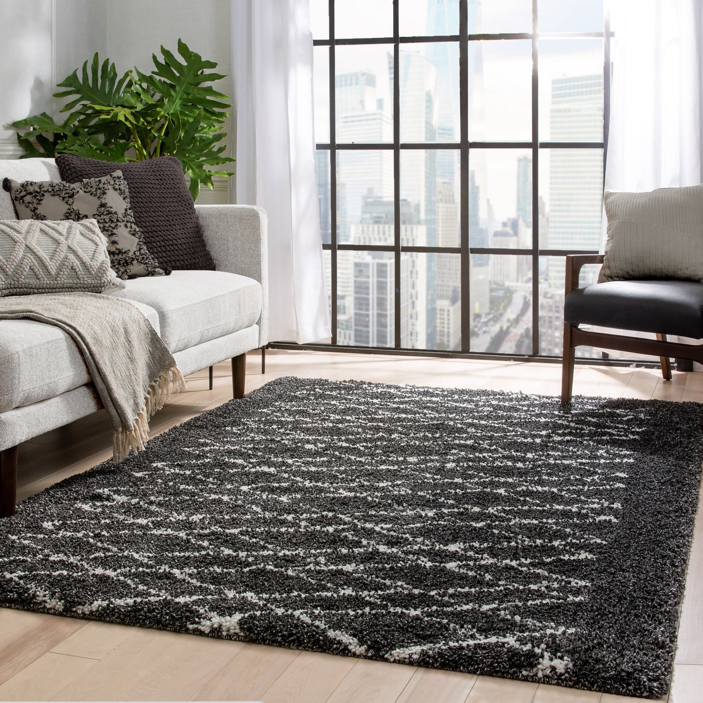 Soren Scandinavian Moroccan Lattice Dark Grey Thick Nordic Shag Rug JU-57