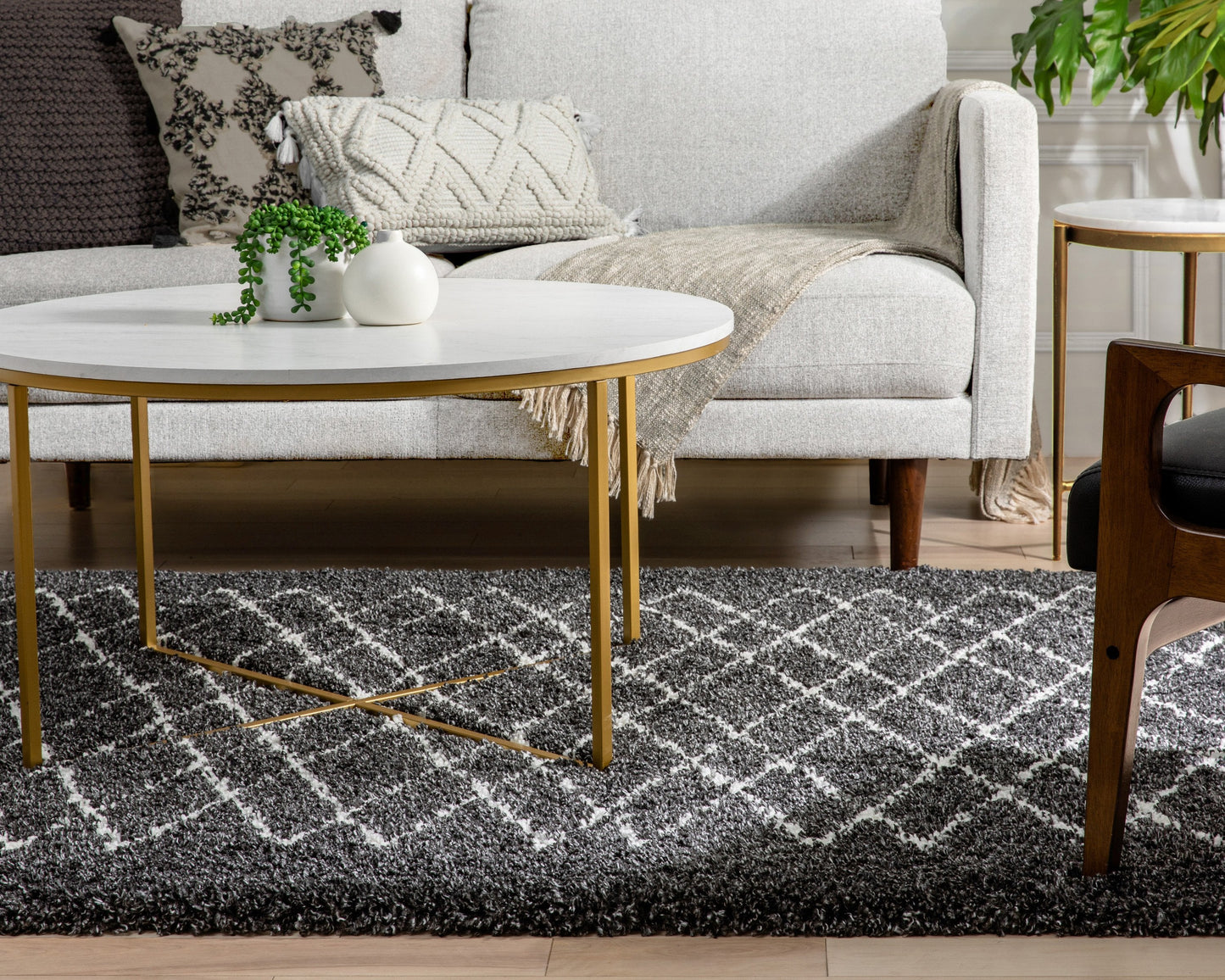 Soren Scandinavian Moroccan Lattice Dark Grey Thick Nordic Shag Rug JU-57