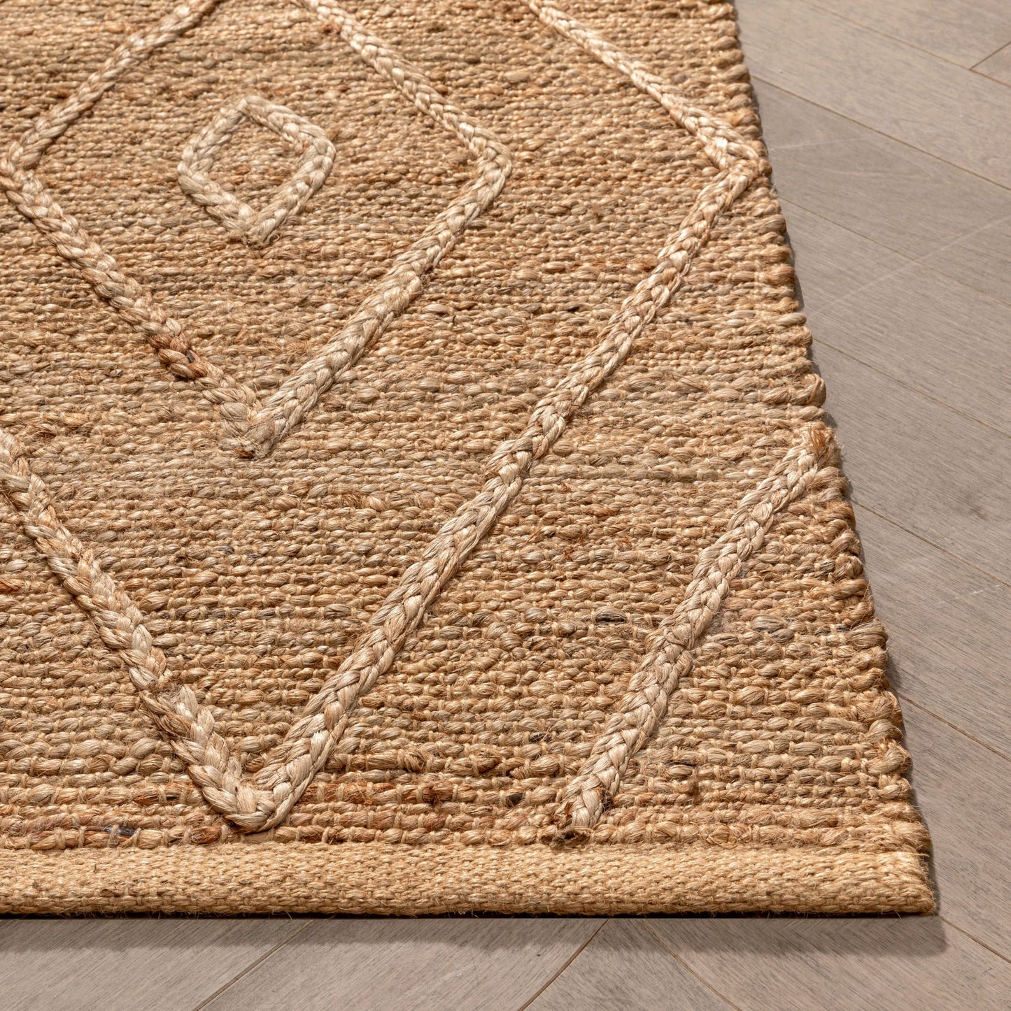 Diamond Moroccan Lattice Pattern Natural Color Hand-Braided Basket Weave Jute Rug KAS-12