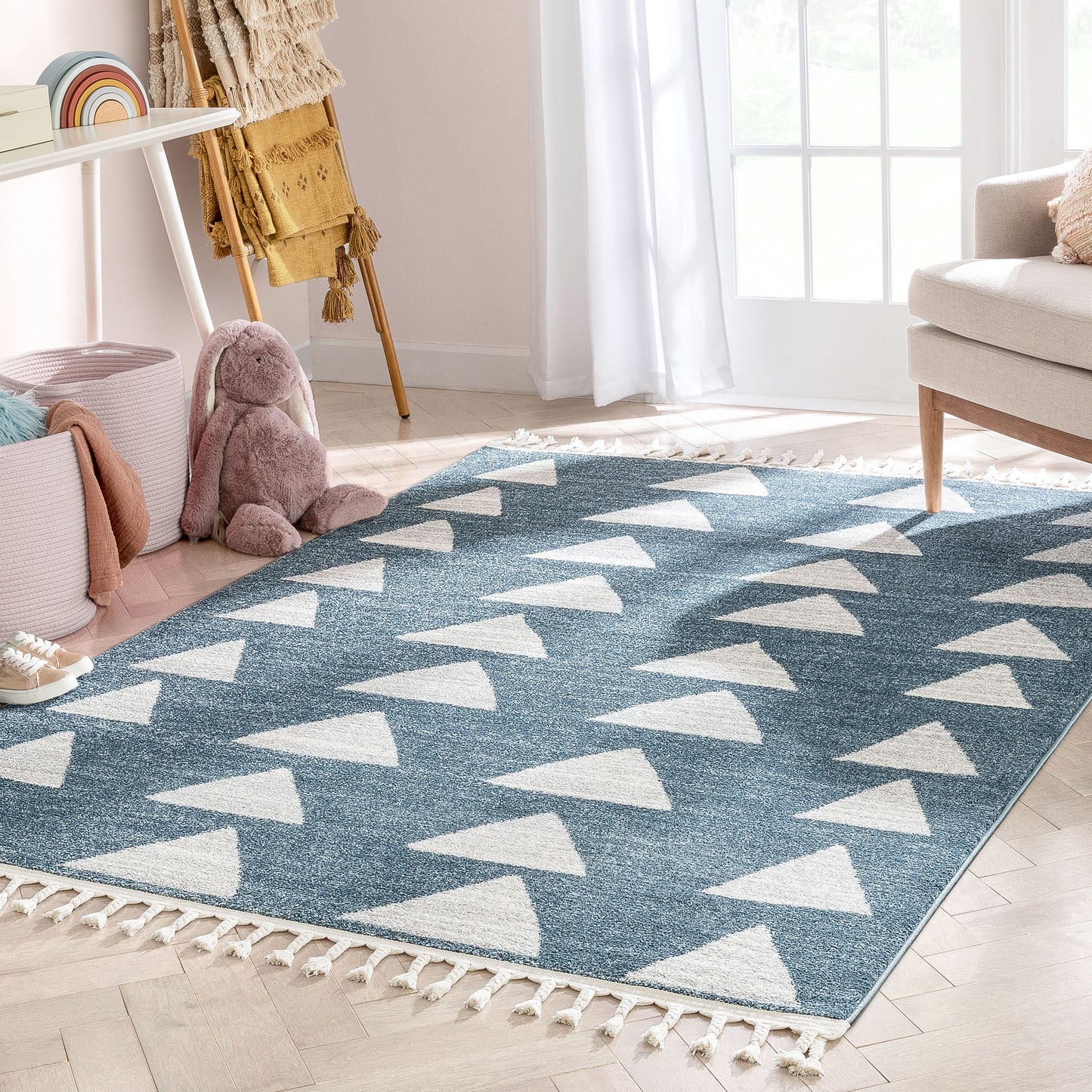 Triangles Modern Geometric Pattern Blue Kids Rug KEN-14