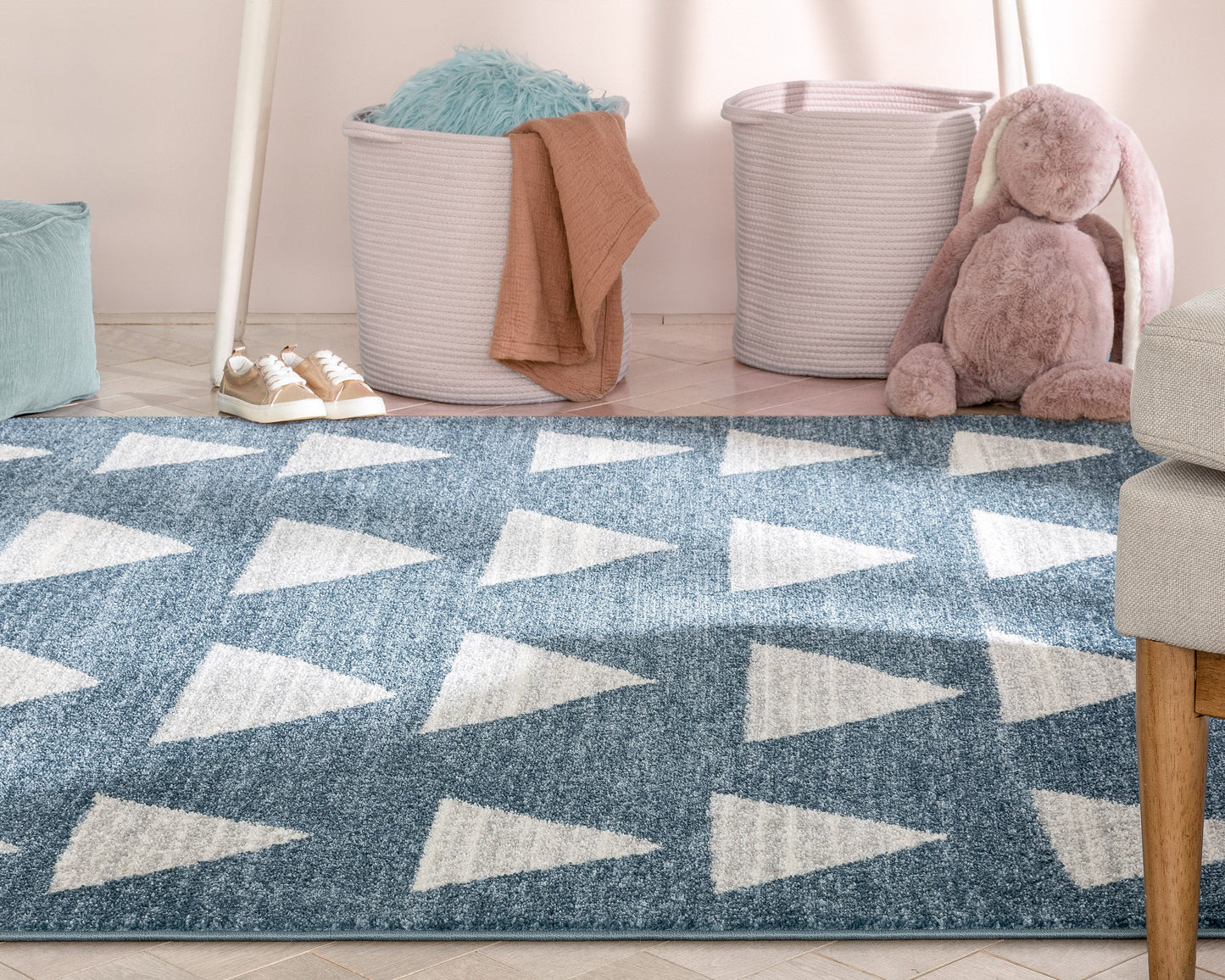 Triangles Modern Geometric Pattern Blue Kids Rug KEN-14