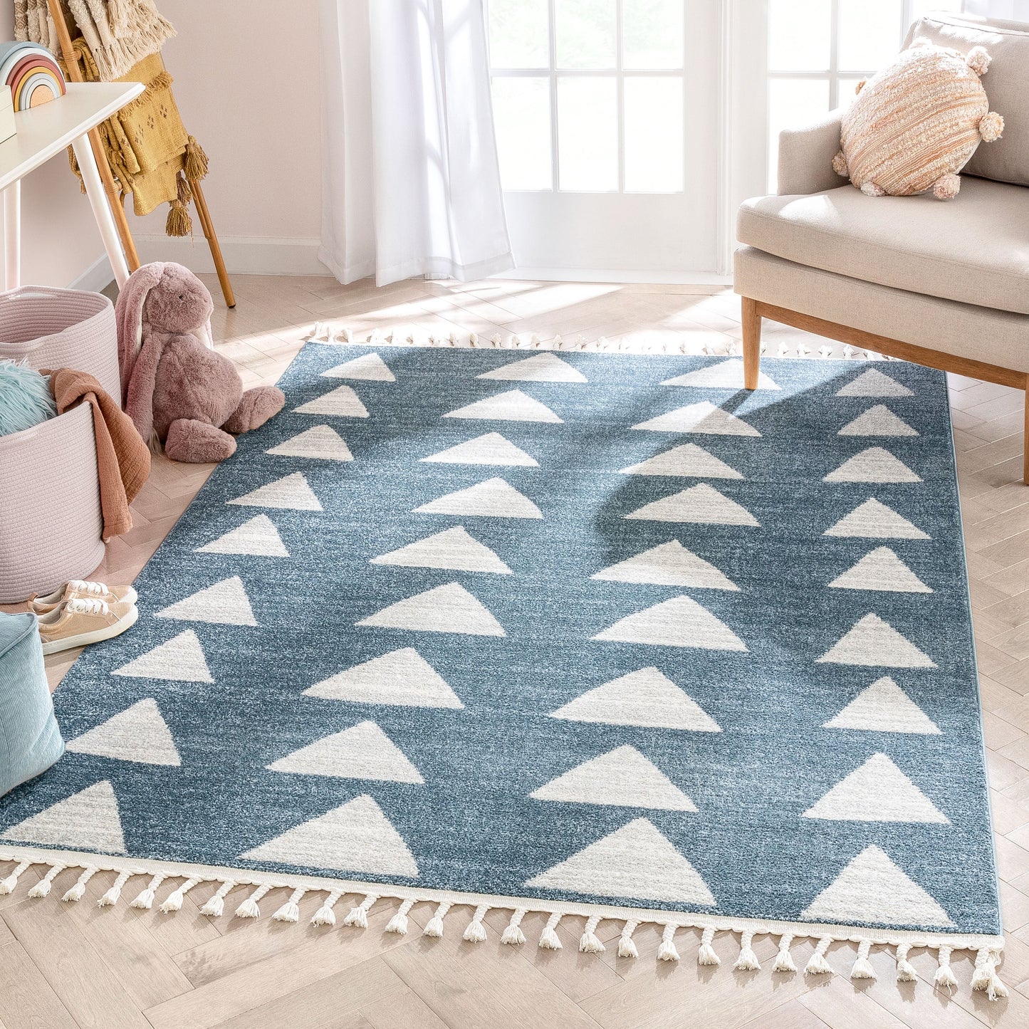 Triangles Modern Geometric Pattern Blue Kids Rug KEN-14