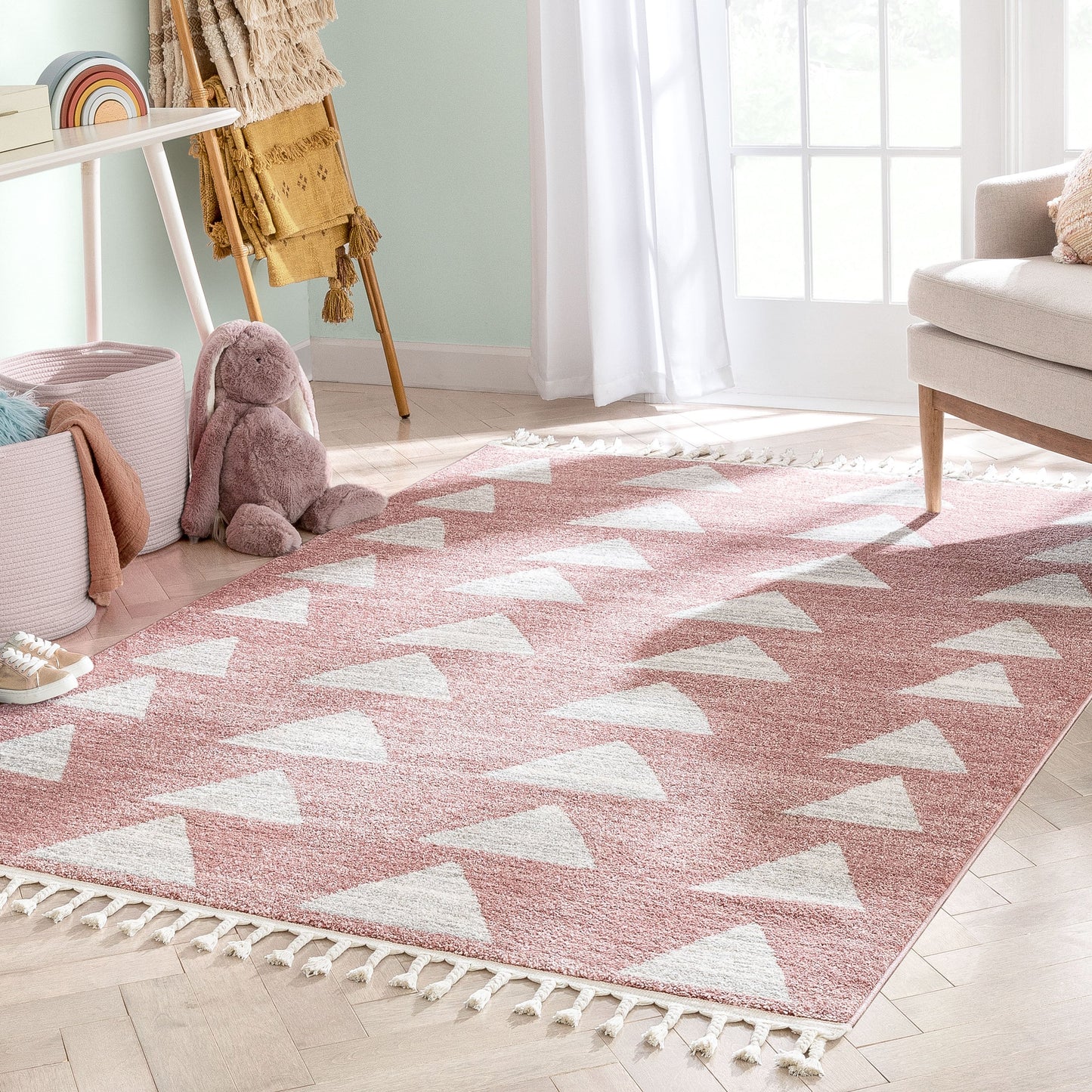 Triangles Modern Geometric Pattern Pink Kids Rug KEN-19