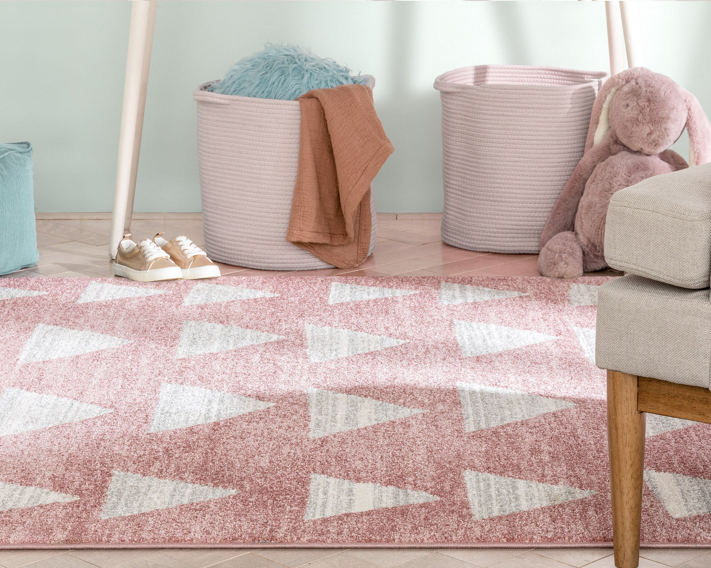 Triangles Modern Geometric Pattern Pink Kids Rug KEN-19