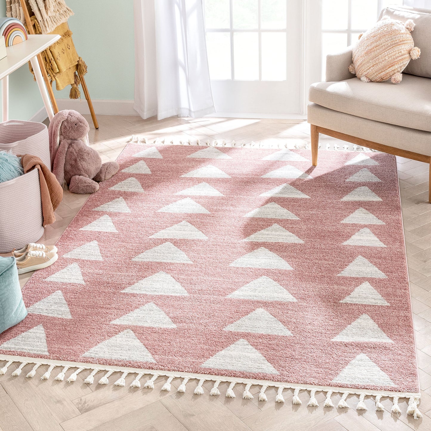 Triangles Modern Geometric Pattern Pink Kids Rug KEN-19