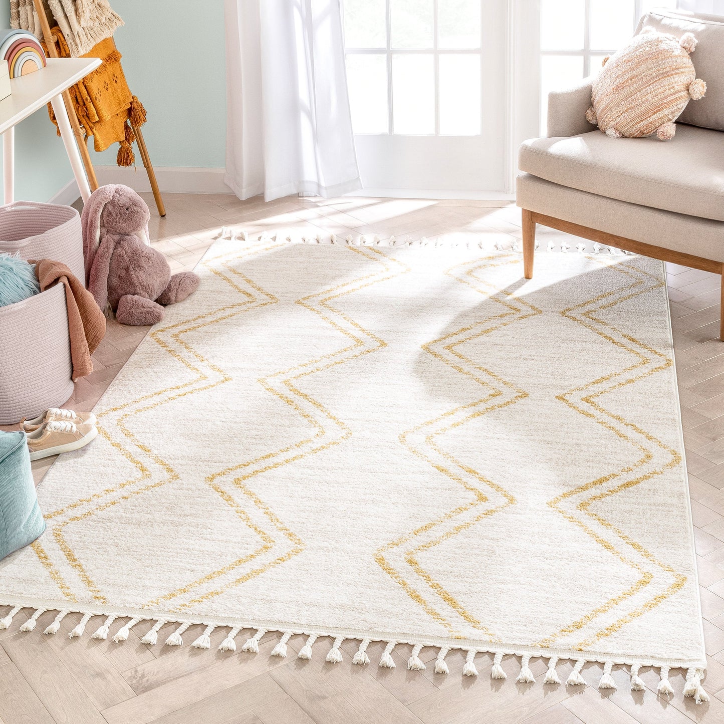 Reeve Modern Chevron Zig-Zag Yellow Ivory Kids Rug KEN-31