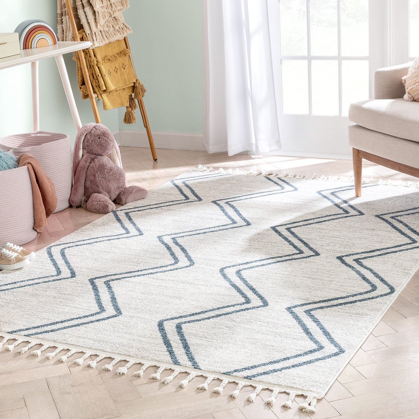 Reeve Modern Chevron Zig-Zag Blue Ivory Kids Rug KEN-34