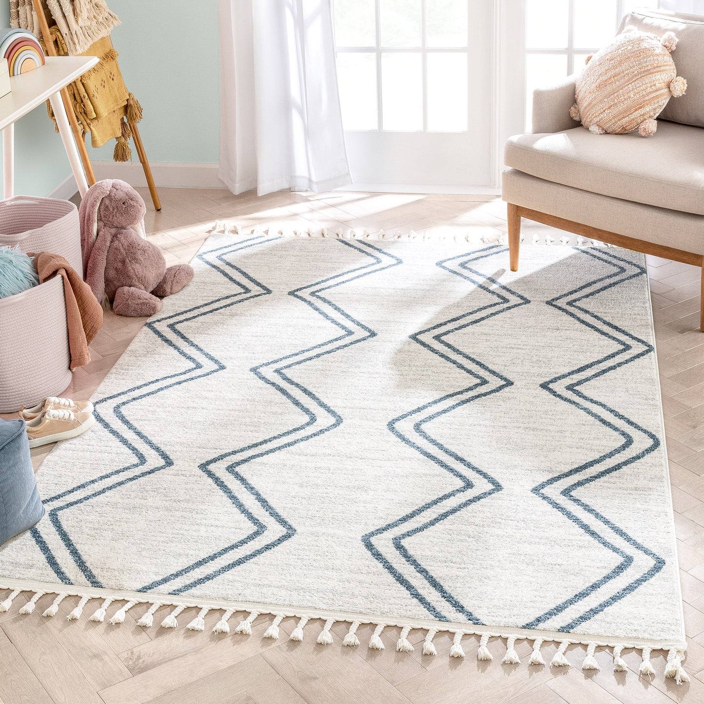 Reeve Modern Chevron Zig-Zag Blue Ivory Kids Rug KEN-34