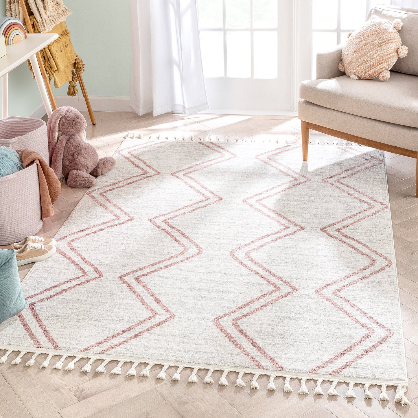 Reeve Modern Chevron Zig-Zag Pink Ivory Kids Rug KEN-39