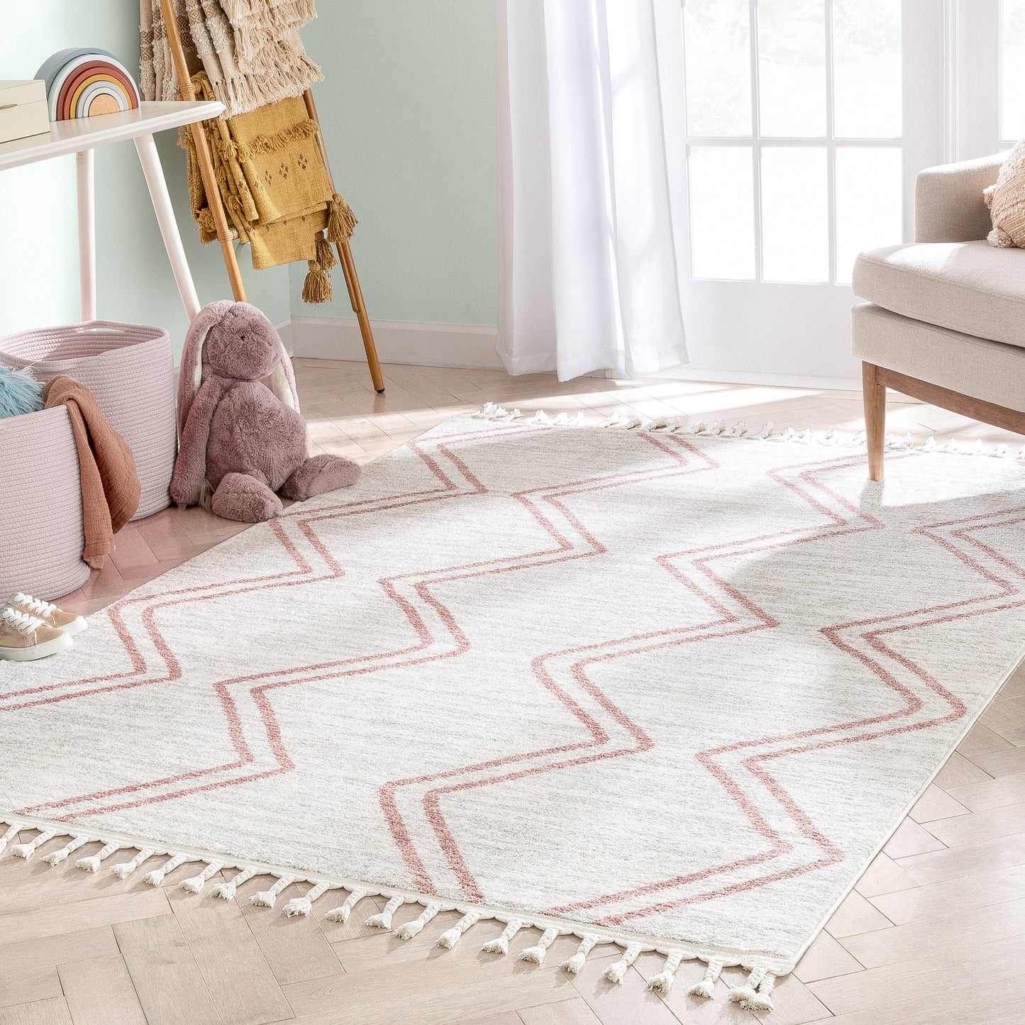 Reeve Modern Chevron Zig-Zag Pink Ivory Kids Rug KEN-39
