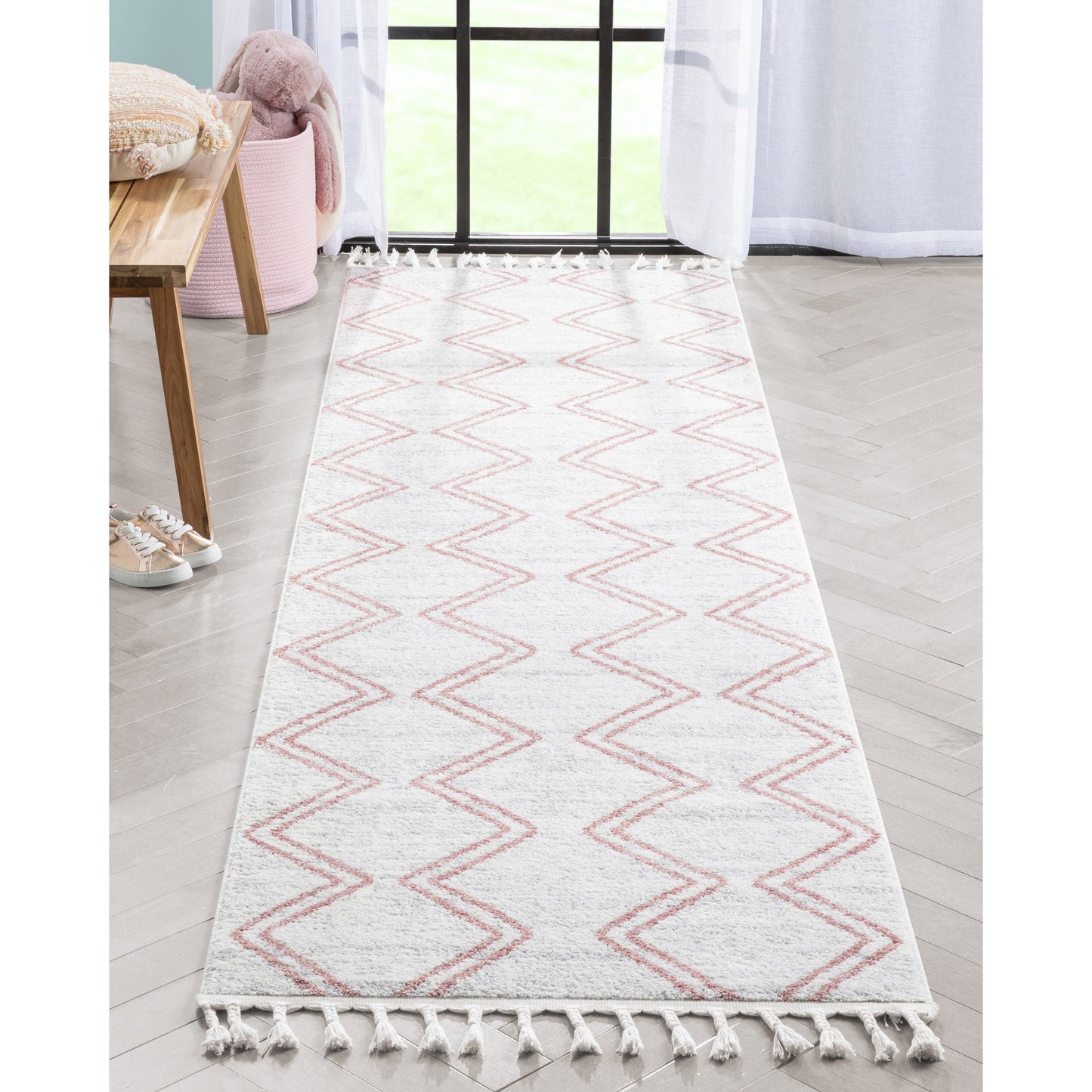 Reeve Modern Chevron Zig-Zag Pink Ivory Kids Rug KEN-39
