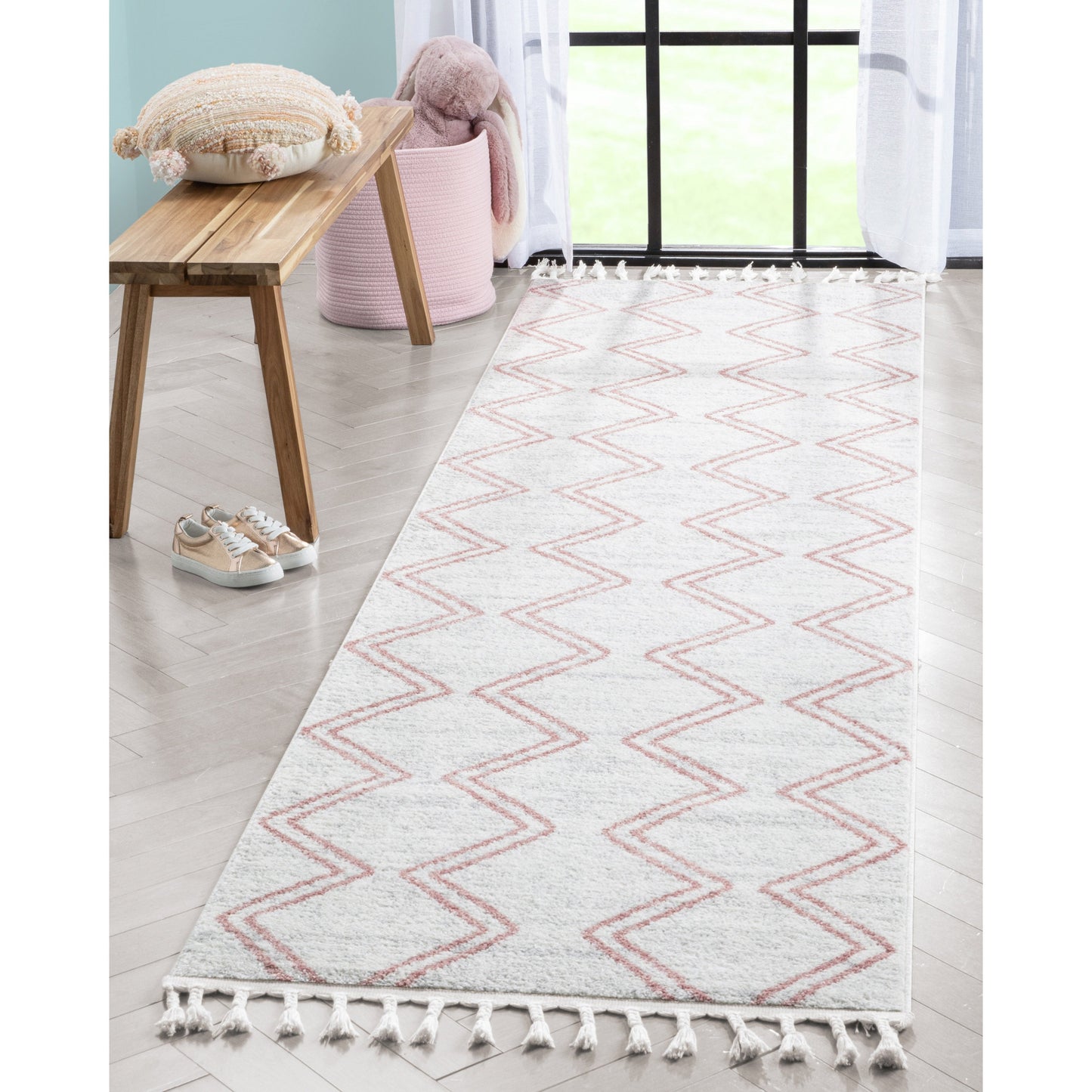 Reeve Modern Chevron Zig-Zag Pink Ivory Kids Rug KEN-39