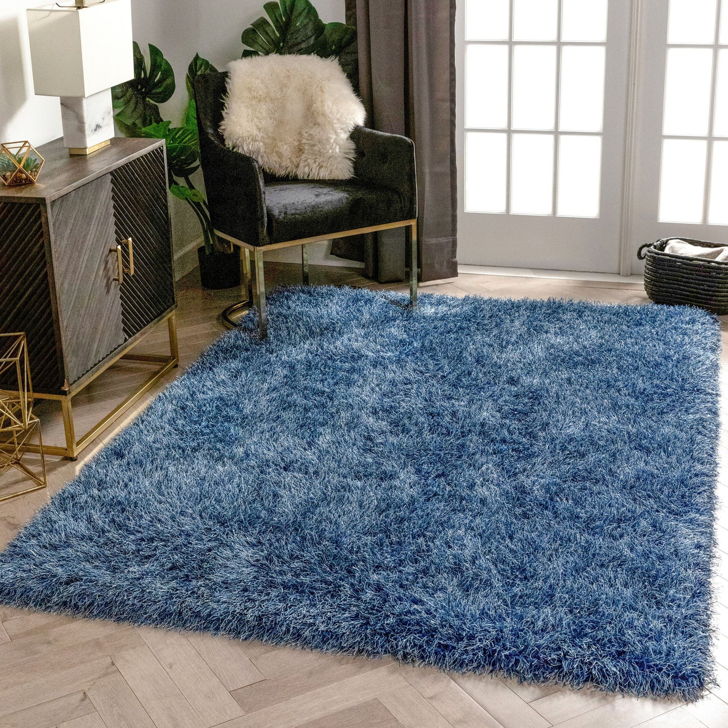Chie Glam Solid Ultra-Soft Navy Blue Shag Rug KU-14